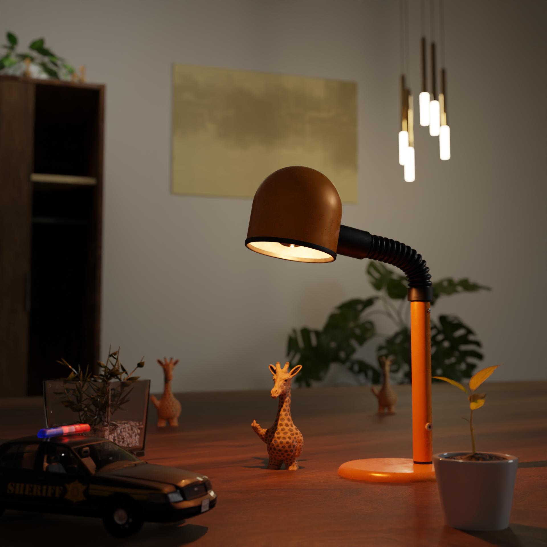 Small giraffe figurine on a desk, funny miniature animal decoration for office or home workspace