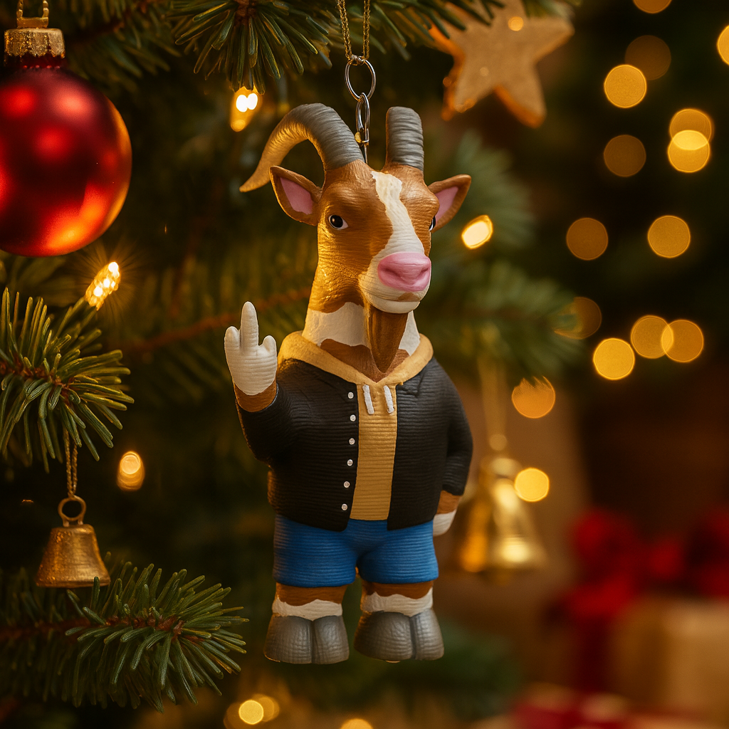 Funny goat ornament hanging in a Christmas tree, cute miniature farm animal decoration and unique goat gift for festive holiday decor