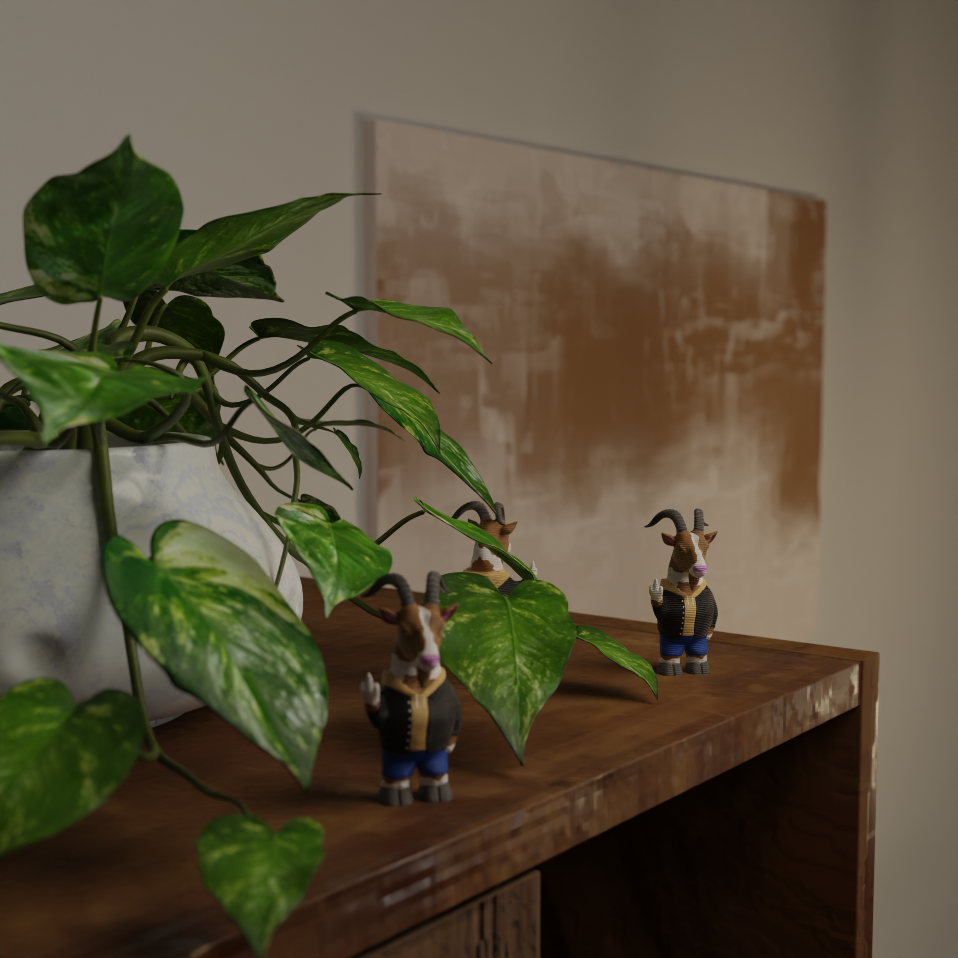 Small goat figurine next to a plant, funny miniature farm animal decoration and unique goat gift for home decor with greenery