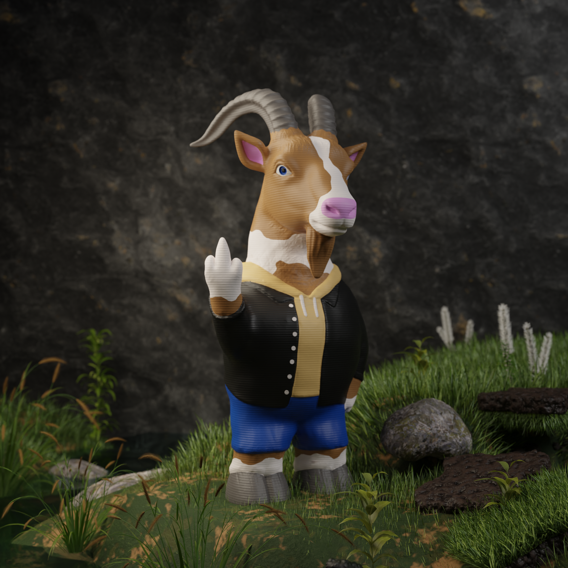 Small goat figurine in a garden, miniature farm animal decoration and funny goat gift for outdoor or balcony decor