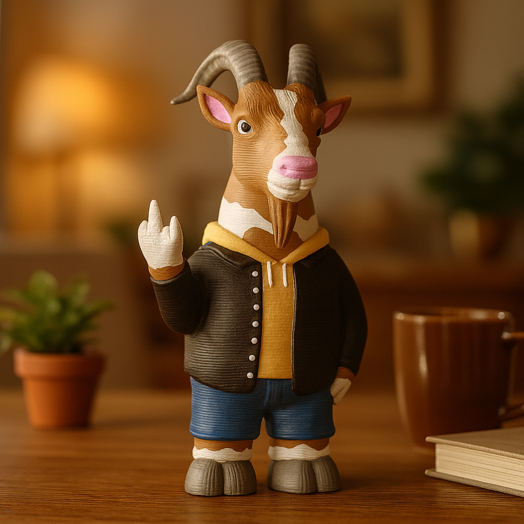 Small goat figurine on a desk, funny miniature farm animal decoration and unique goat gift for office or home workspace