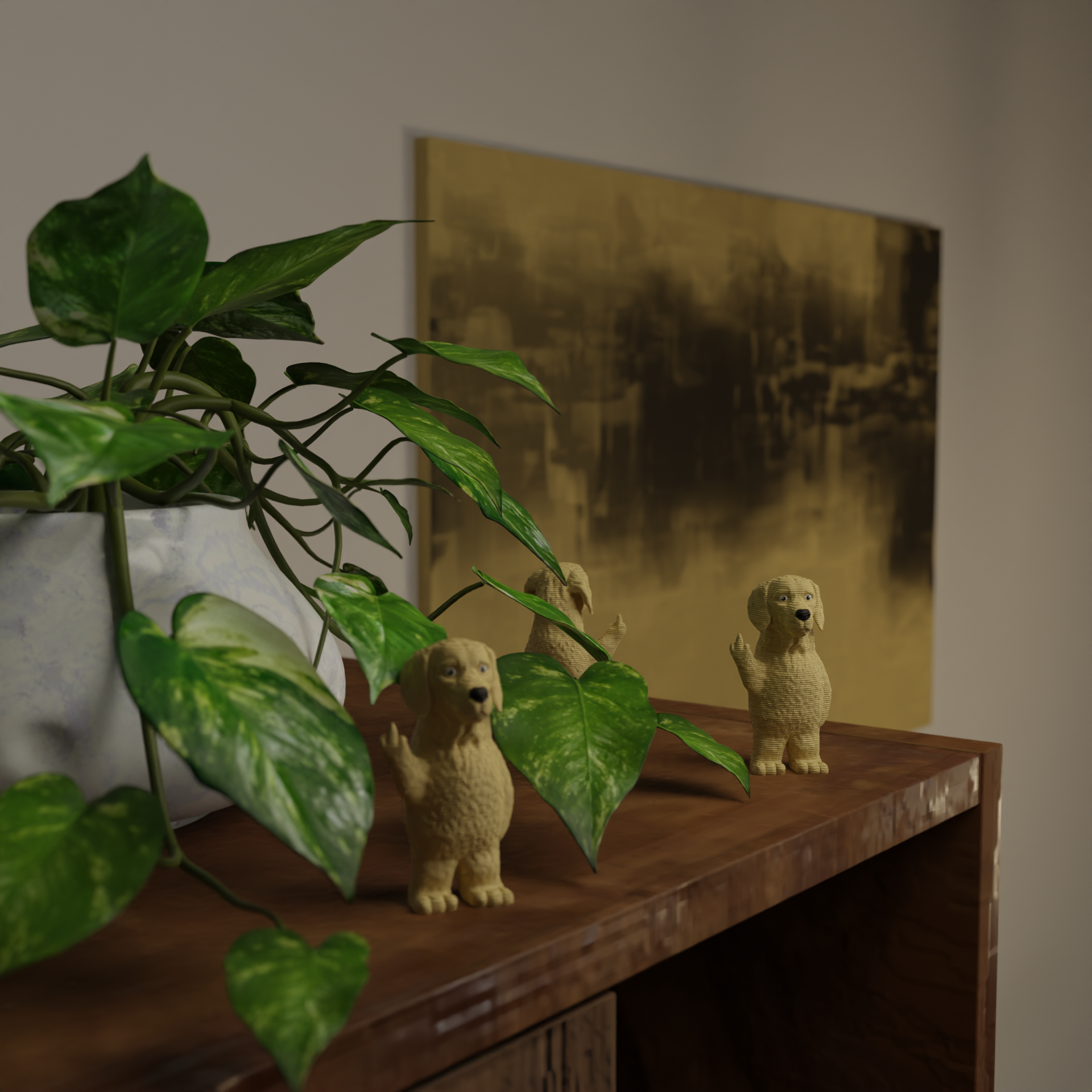 Small Golden Retriever figurine next to a plant, funny miniature dog decoration and unique Golden Retriever gift for home decor with greenery