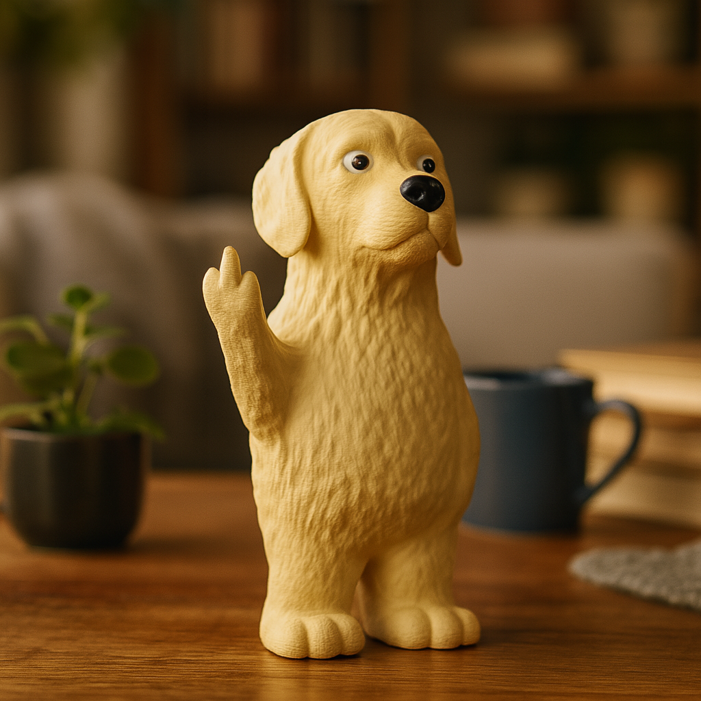 Small Golden Retriever figurine on a desk, funny miniature dog decoration and unique Golden Retriever gift for office or home workspace