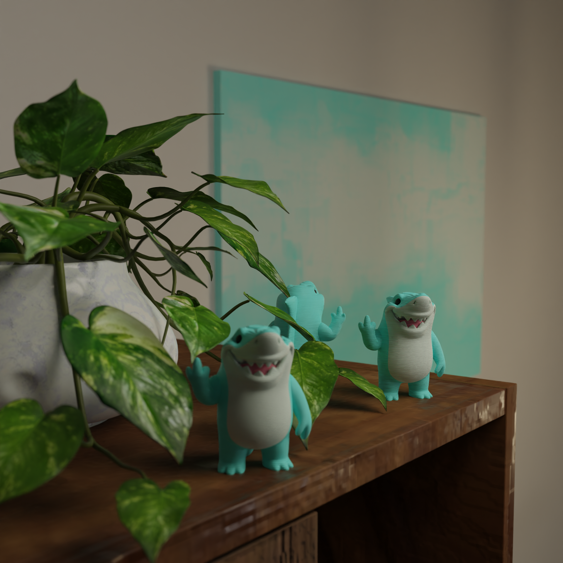 Small Great White Shark figurine next to a plant, funny miniature animal decoration and unique ocean gift for home decor with greenery