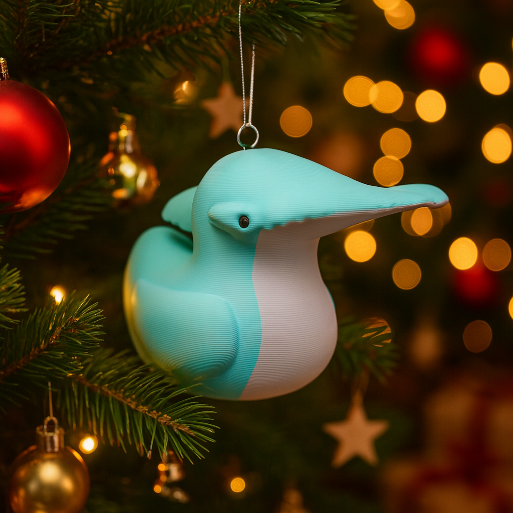 Funny Hammerhead Duck ornament hanging in a Christmas tree, cute ocean-themed miniature decoration and unique duck gift for festive holiday decor