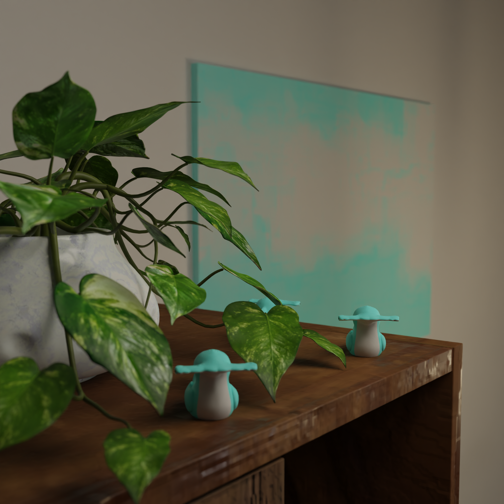 Small Hammerhead Duck figurine next to a plant, funny ocean-themed miniature decoration and unique duck gift for home decor with greenery