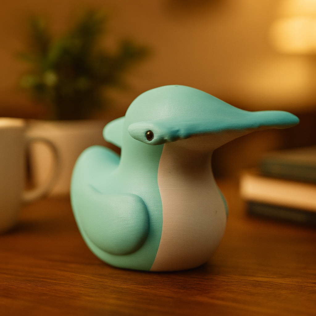 Small Hammerhead Duck figurine on a desk, funny ocean-themed miniature decoration and unique duck gift for office or home workspace