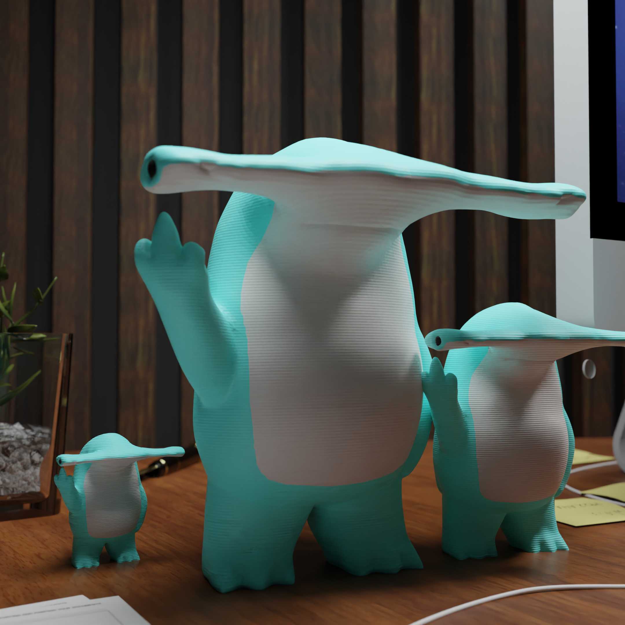 Small Hammerhead Shark figurine placed next to a computer, miniature sea animal decoration and funny shark gift for office desk workspace