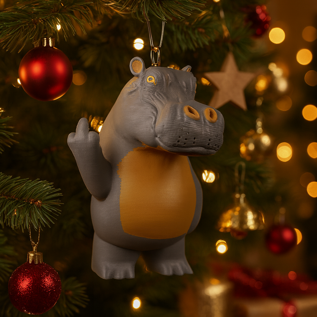Funny hippo ornament hanging in a Christmas tree, cute miniature wild animal decoration and unique hippo gift for festive holiday decor