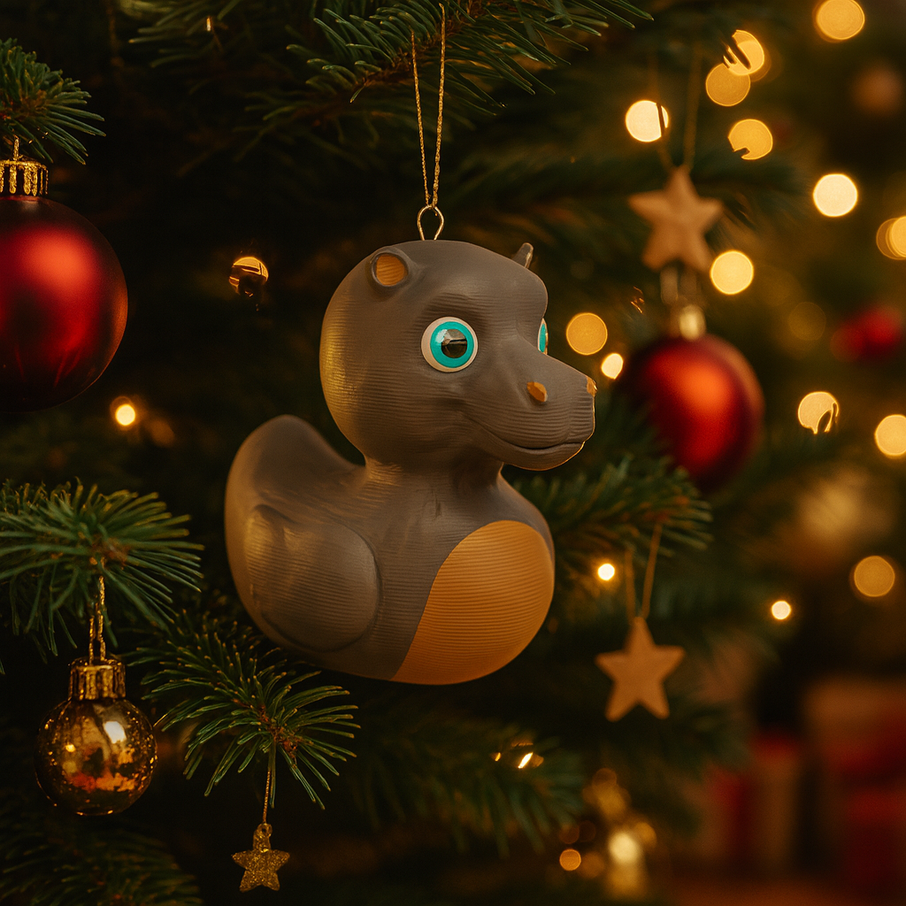 Funny Hippo Duck ornament hanging in a Christmas tree, cute animal-themed miniature decoration and unique duck gift for festive holiday decor