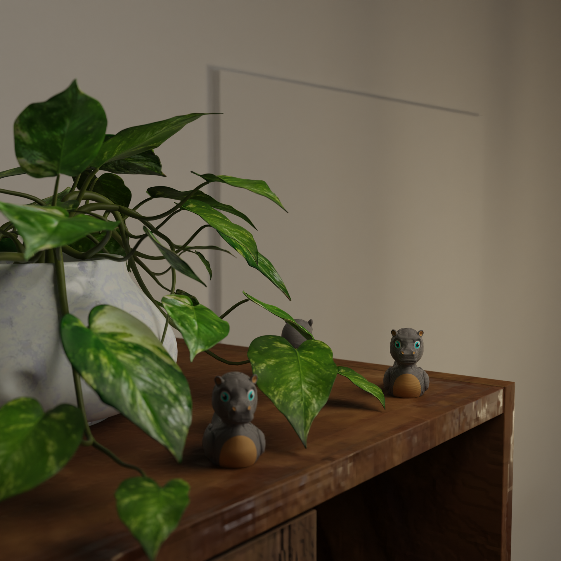 Small Hippo Duck figurine next to a plant, funny animal-themed miniature decoration and unique Hippo Duck gift for home decor with greenery