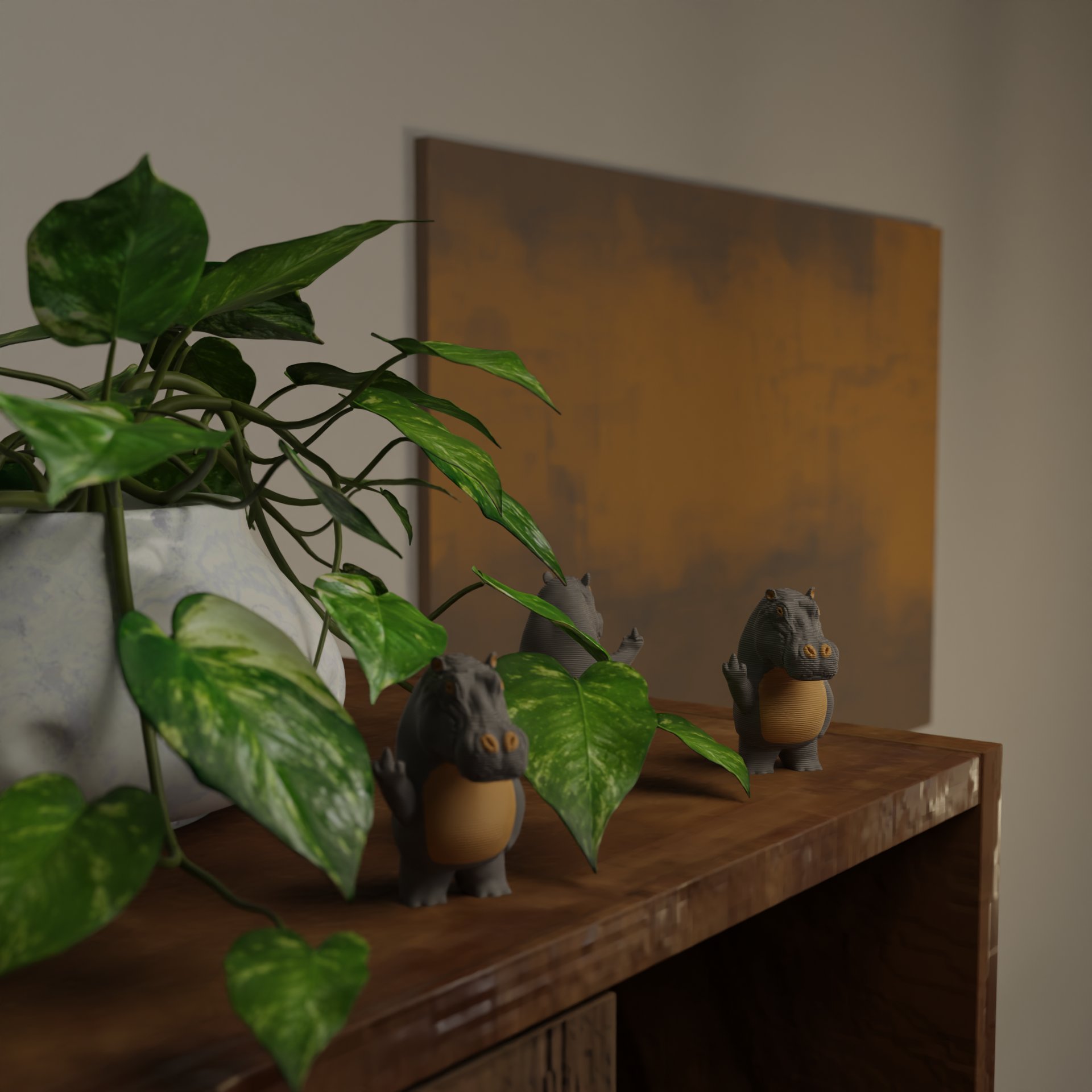 Small hippo figurine next to a plant, funny miniature wild animal decoration and unique hippo gift for home decor with greenery