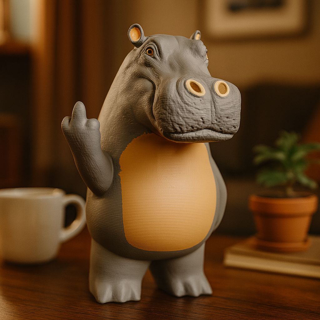 Small hippo figurine on a desk, funny miniature wild animal decoration and unique hippo gift for office or home workspace