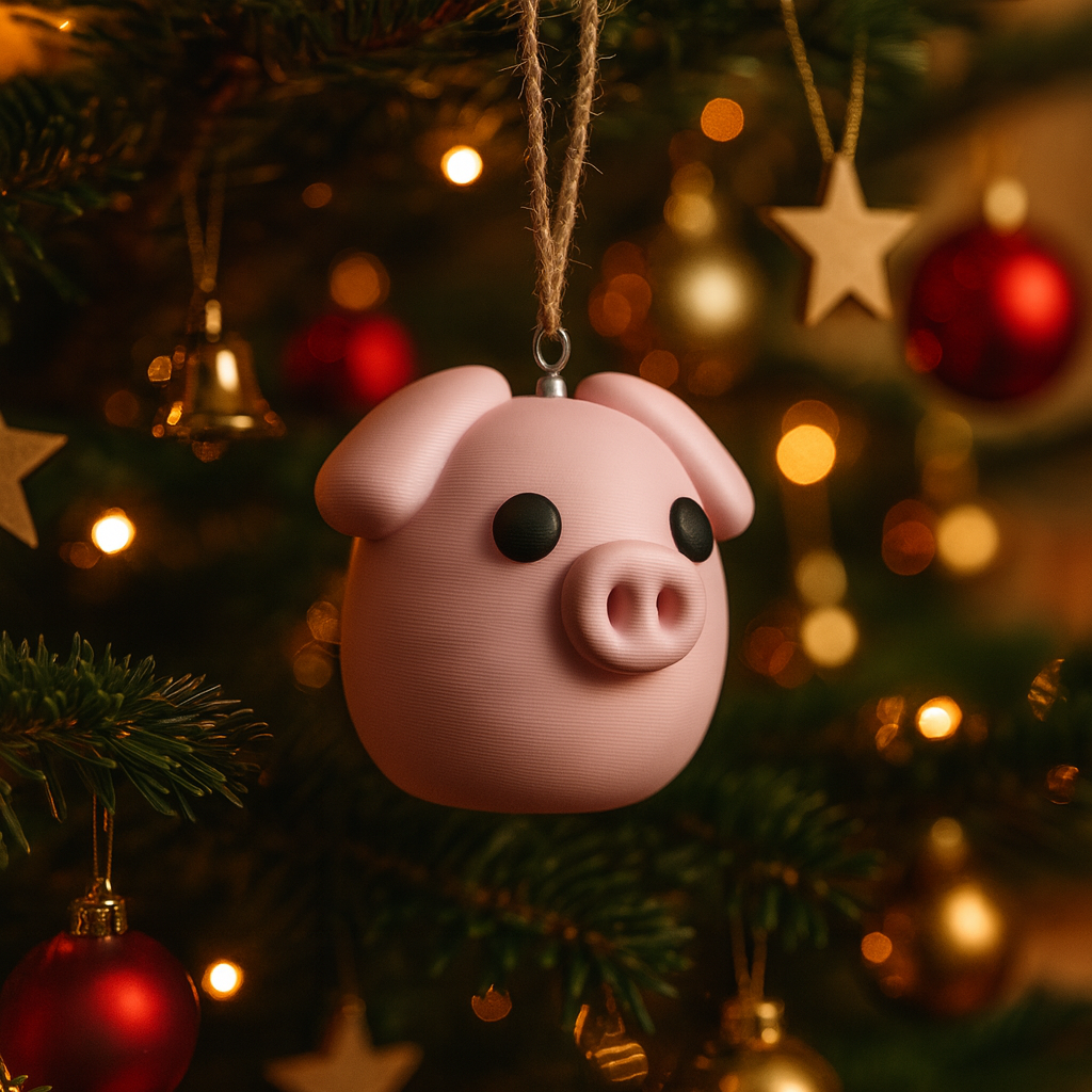Funny pig ornament hanging in a Christmas tree, cute miniature farm animal decoration and unique pig gift for festive holiday decor