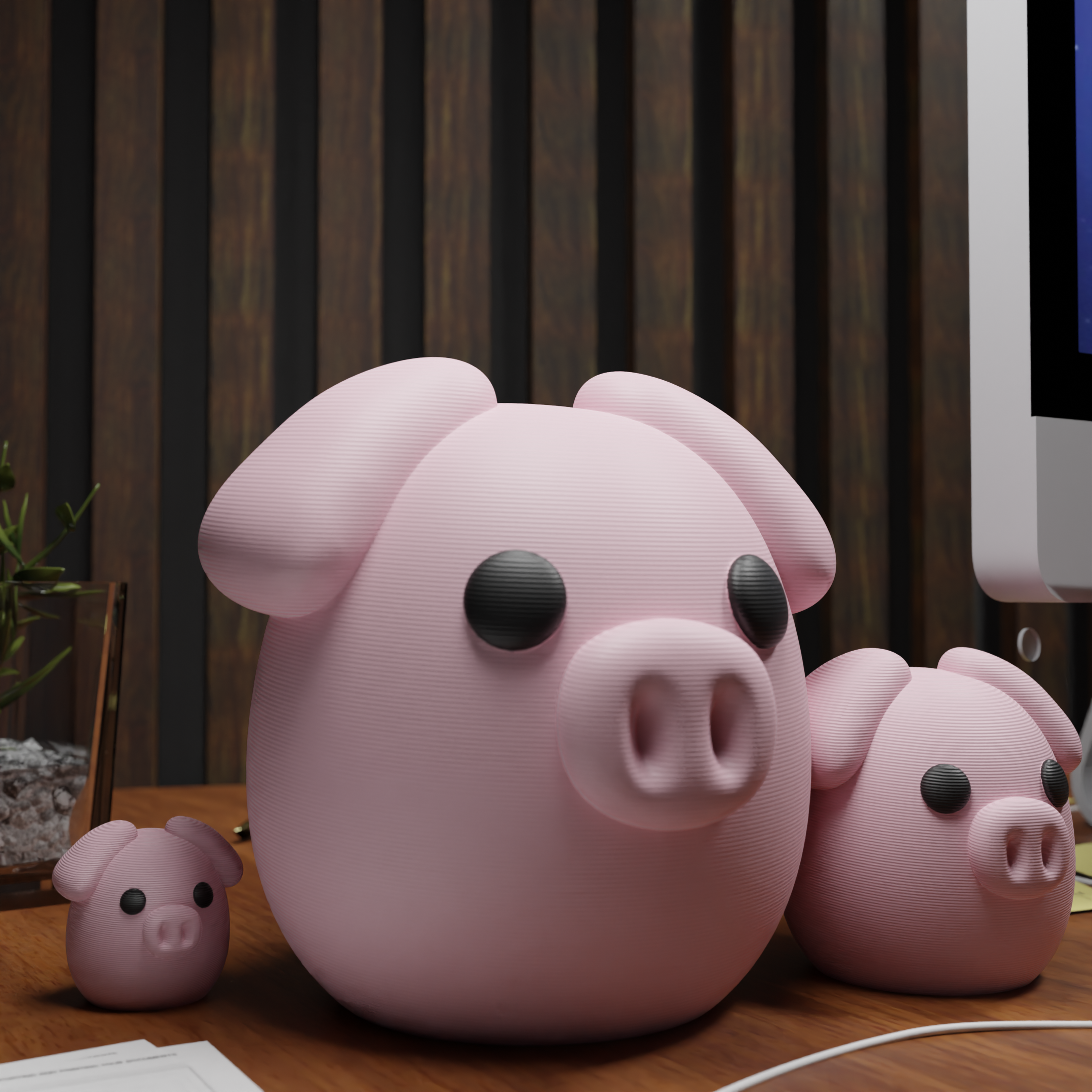 Small pig figurine placed next to a computer, miniature farm animal decoration and funny pig gift for office desk workspace