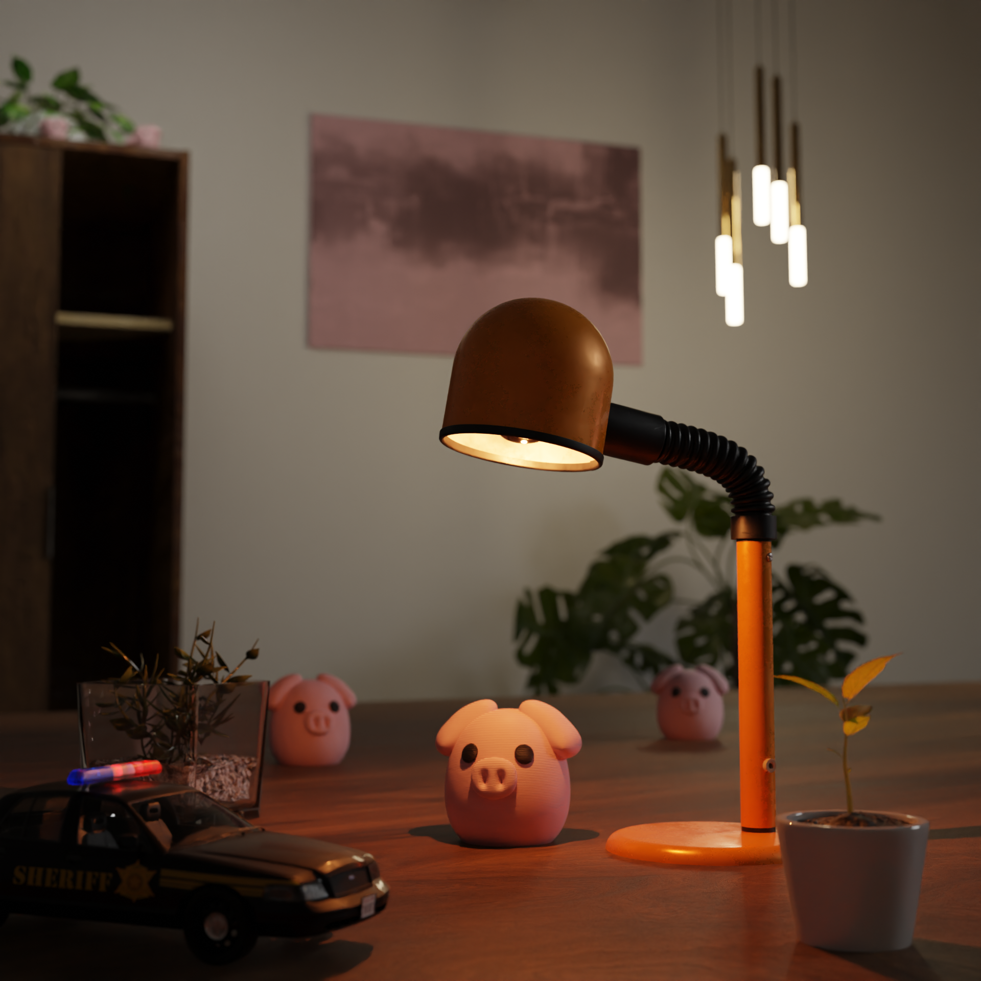 Small pig figurine on a desk, funny miniature farm animal decoration and unique pig gift for office or home workspace