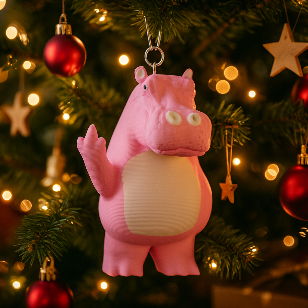 Funny pink hippo ornament hanging in Christmas tree, cute miniature holiday decoration gift