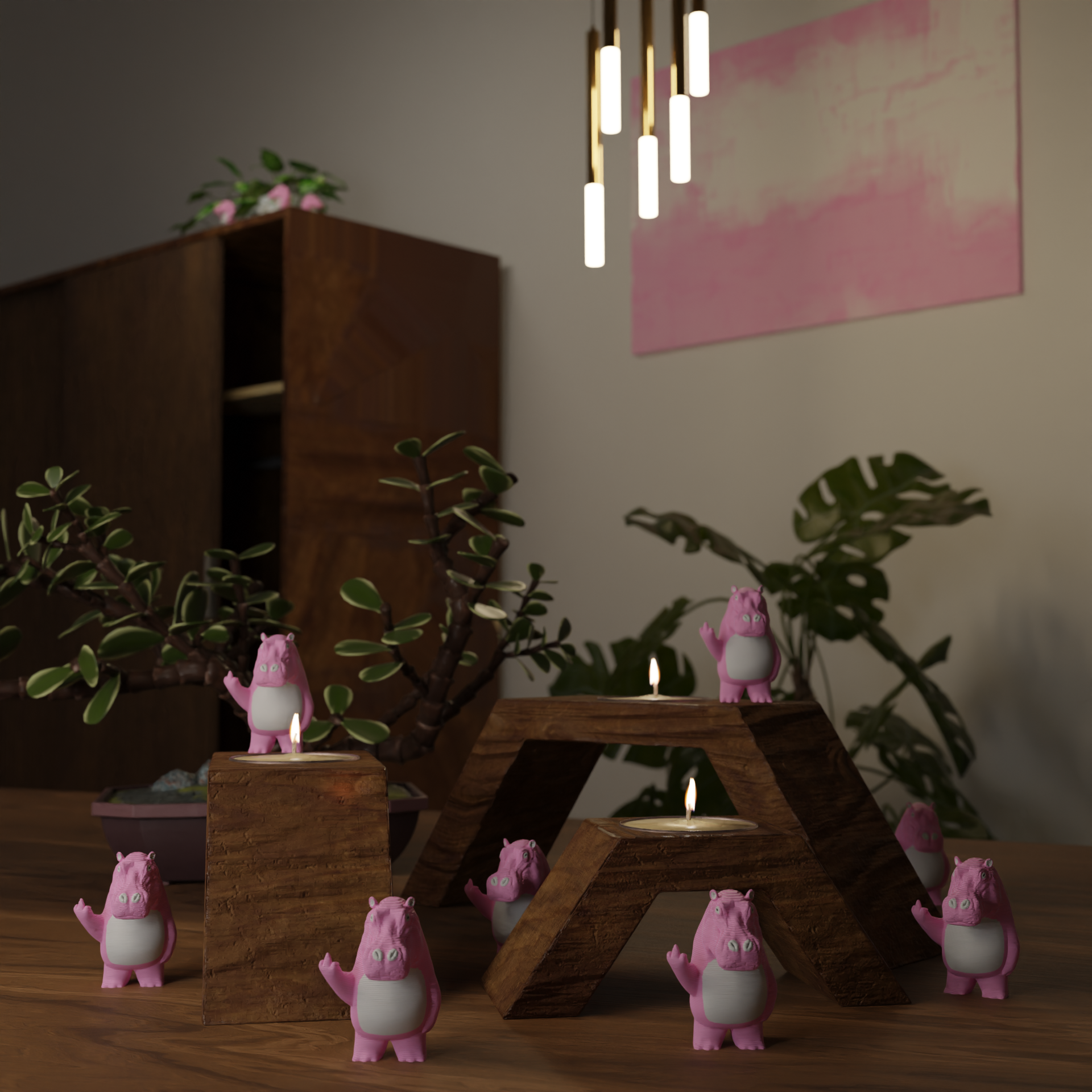 Small pink hippo figurine on a desk, funny miniature animal decoration for office or home workspace