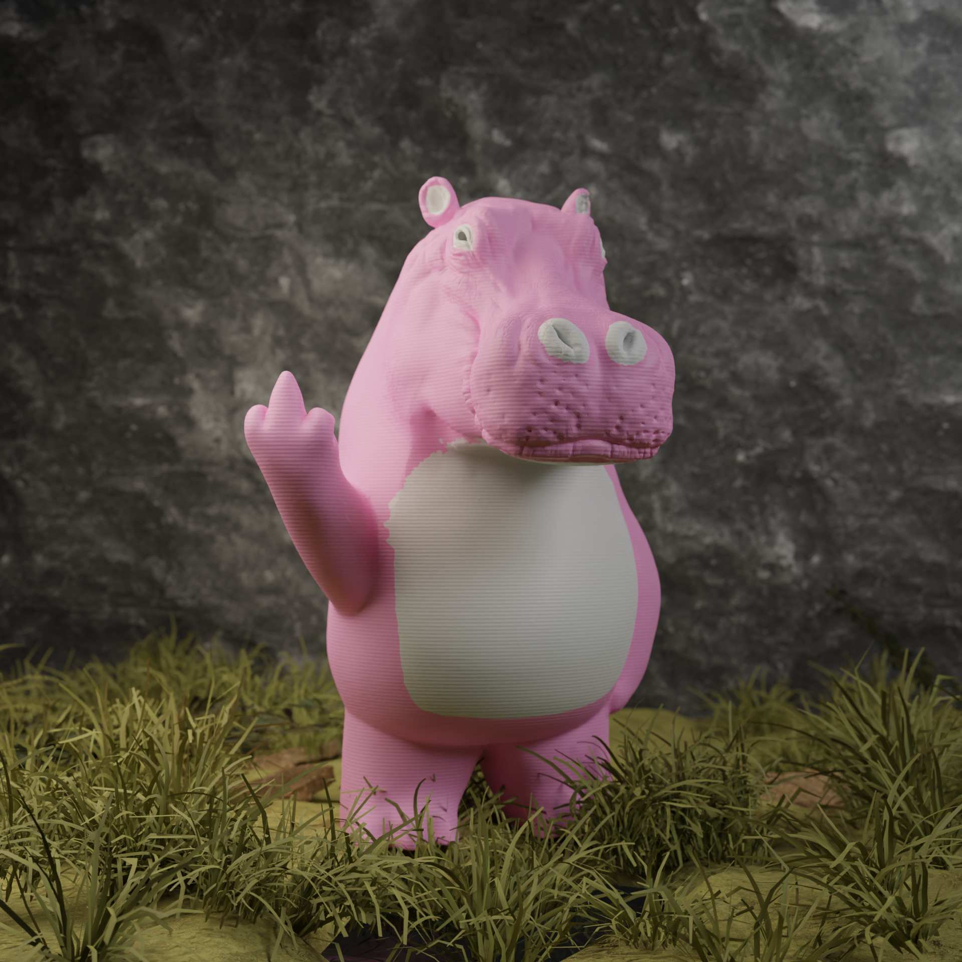Small pink hippo figurine placed in grass, cute miniature animal decoration for home or garden display