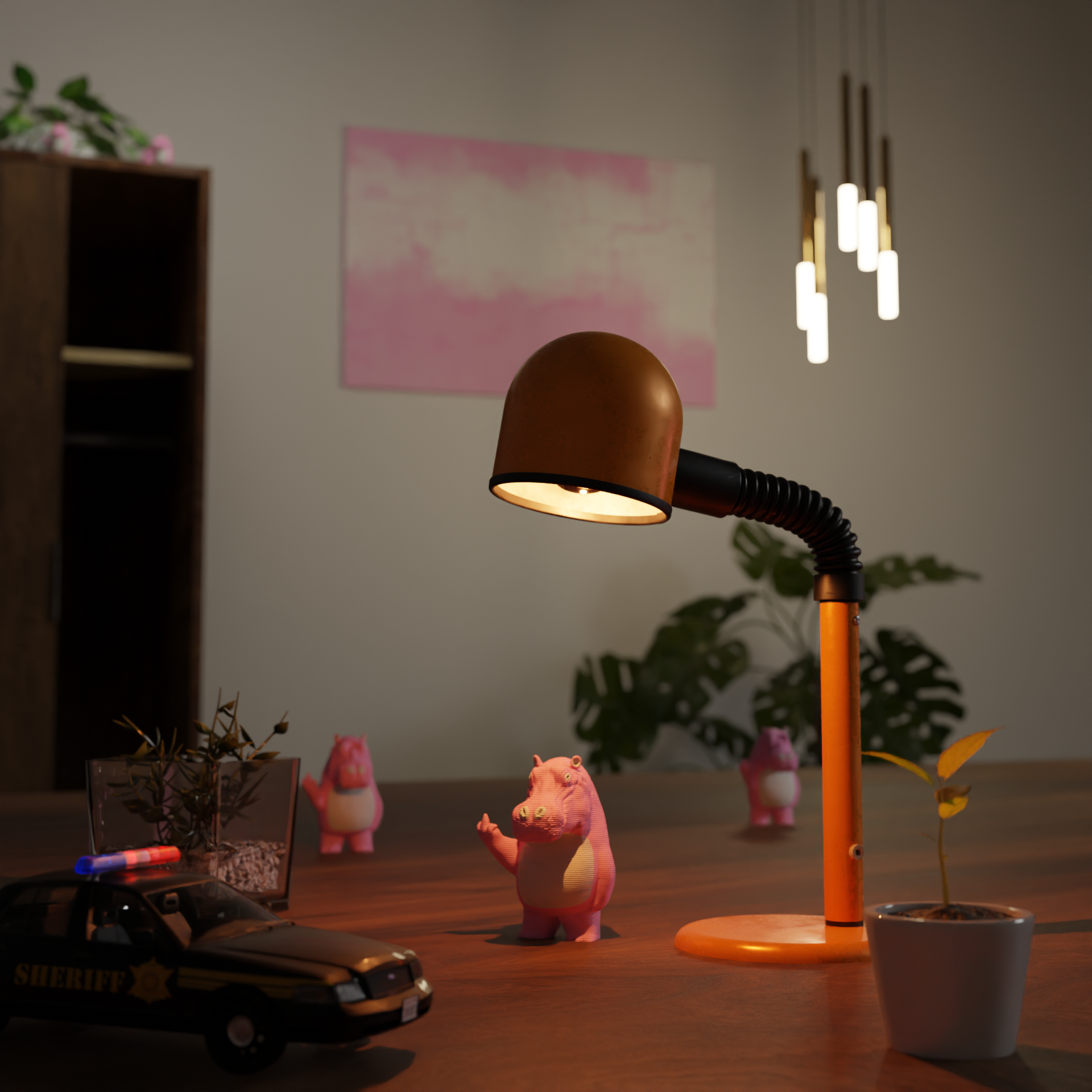 Small pink hippo figurine on a desk, funny miniature animal decoration for office or home workspace