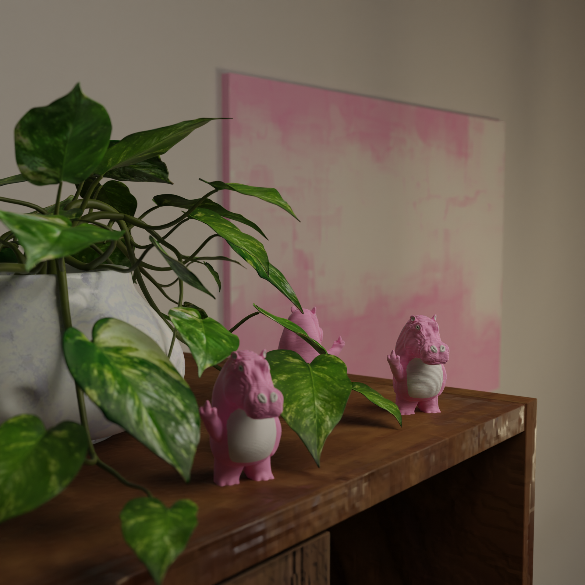 Cute pink hippo figurine displayed on a shelf, funny miniature animal decoration for home or office