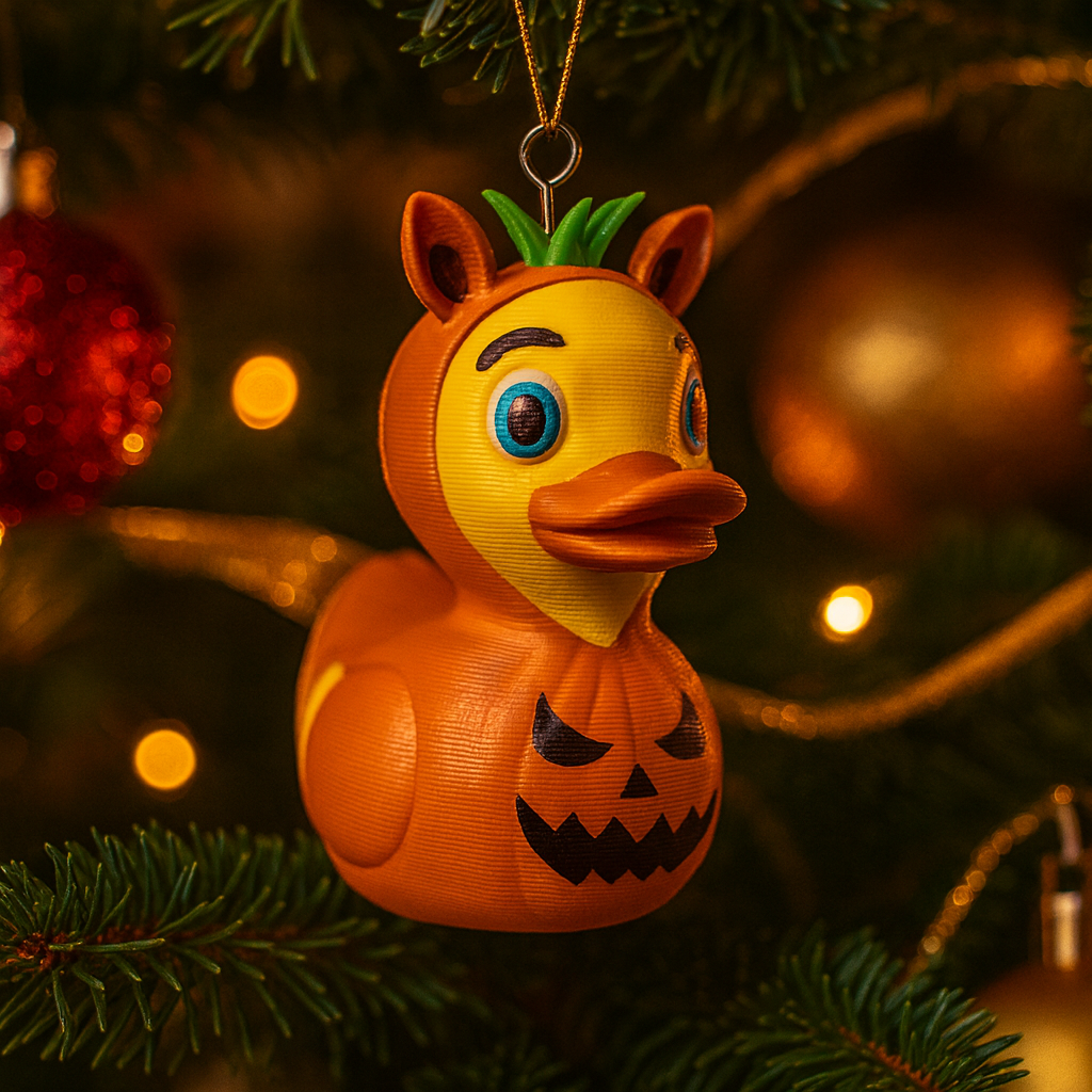Funny Pumpkin Duck ornament hanging in a Christmas tree, cute spooky miniature decoration and unique Halloween duck gift for festive holiday decor