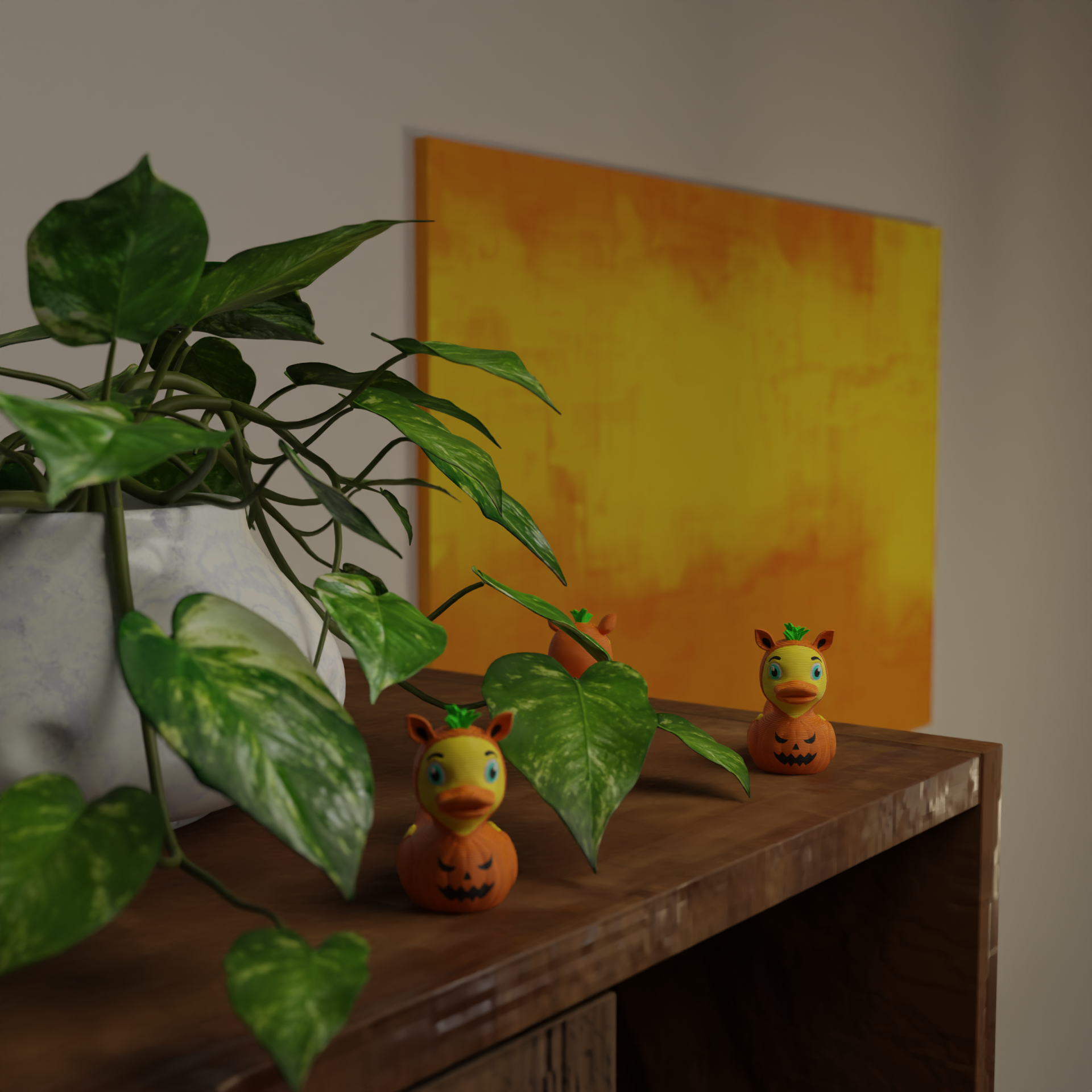 Small Pumpkin Duck figurine next to a plant, funny spooky miniature decoration and unique Pumpkin Duck gift for home decor with greenery