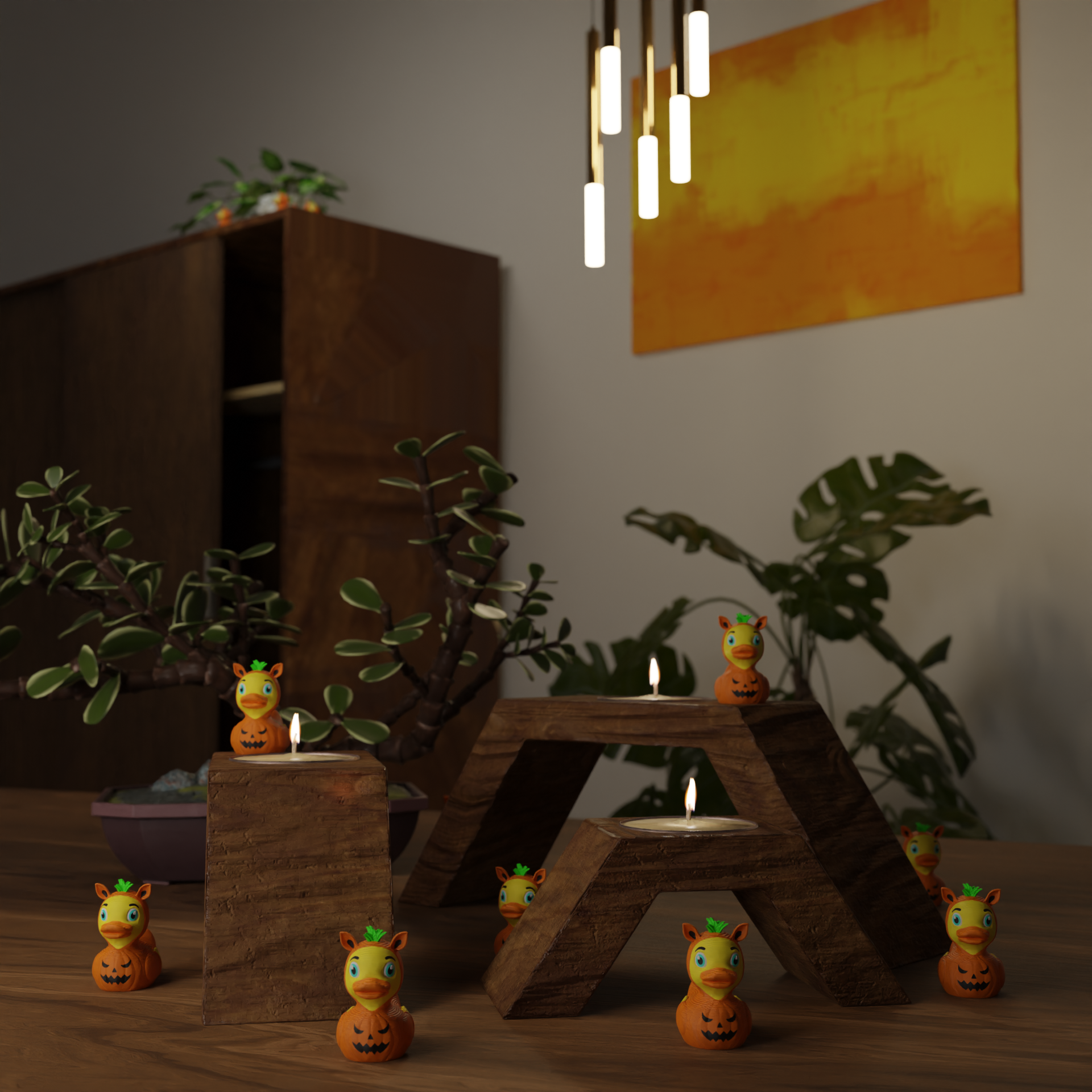 Small Pumpkin Duck figurine displayed on a closet, spooky miniature decoration and quirky Pumpkin Duck gift for stylish home interior