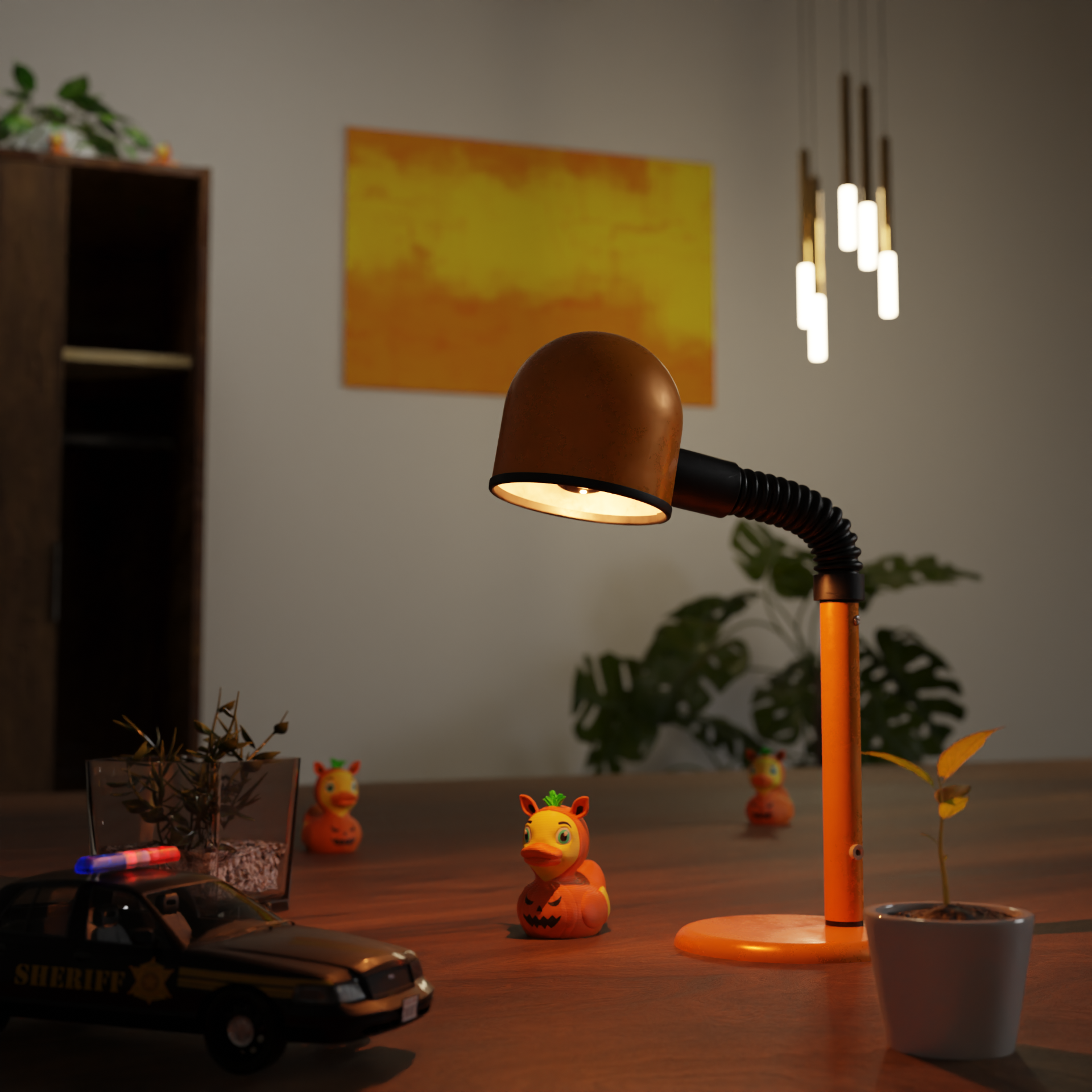 Small Pumpkin Duck figurine on a coffee table, cute spooky miniature decoration and funny Pumpkin Duck gift for living room or lounge decor