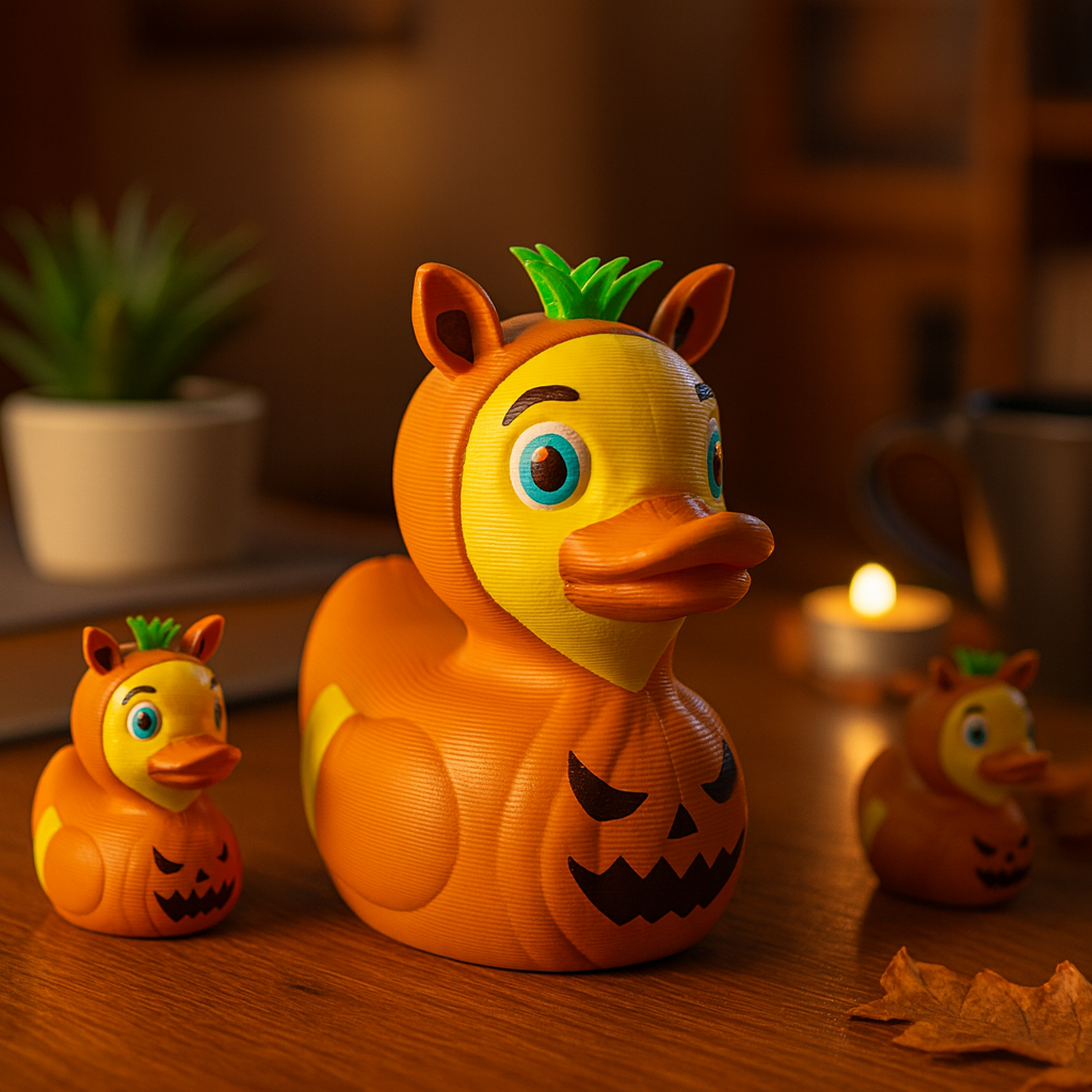 Small Pumpkin Duck figurine on a desk, funny spooky miniature decoration and unique Halloween duck gift for office or home workspace