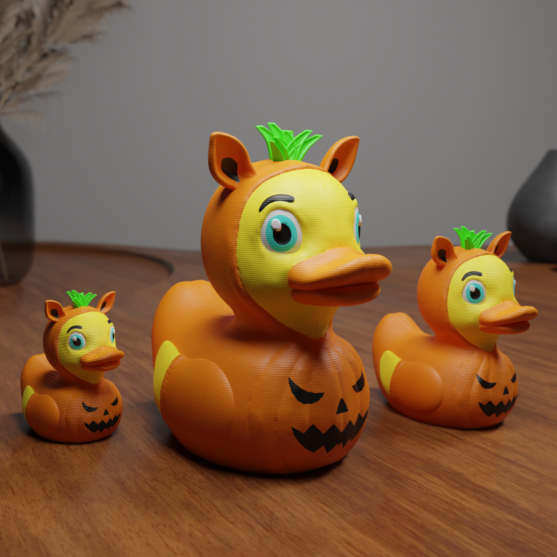 Small Pumpkin Duck figurine displayed on a shelf, cute spooky miniature decoration and funny Pumpkin Duck gift for home interior display