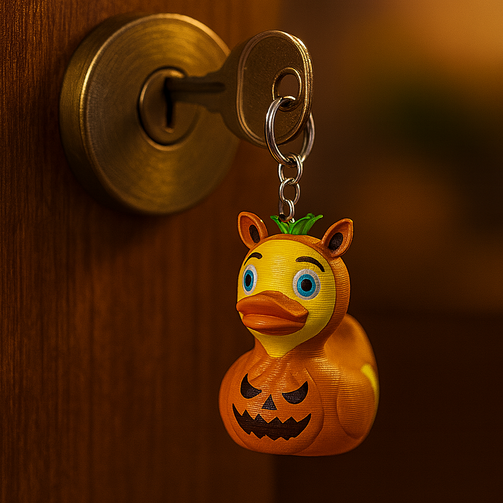 Small Pumpkin Duck keychain, funny spooky miniature accessory and unique Halloween duck gift for keys, bags or backpacks
