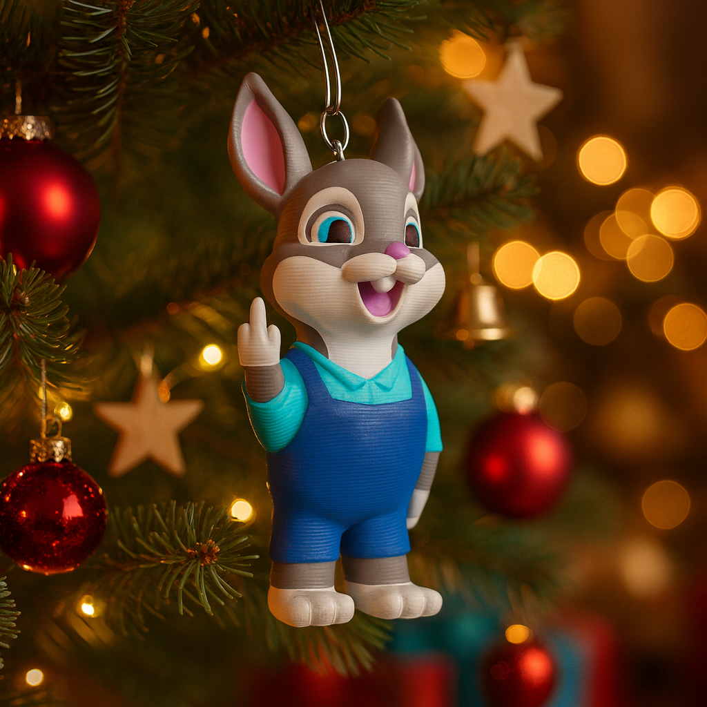 Funny rabbit ornament hanging in a Christmas tree, cute miniature animal decoration and unique rabbit gift for festive holiday decor