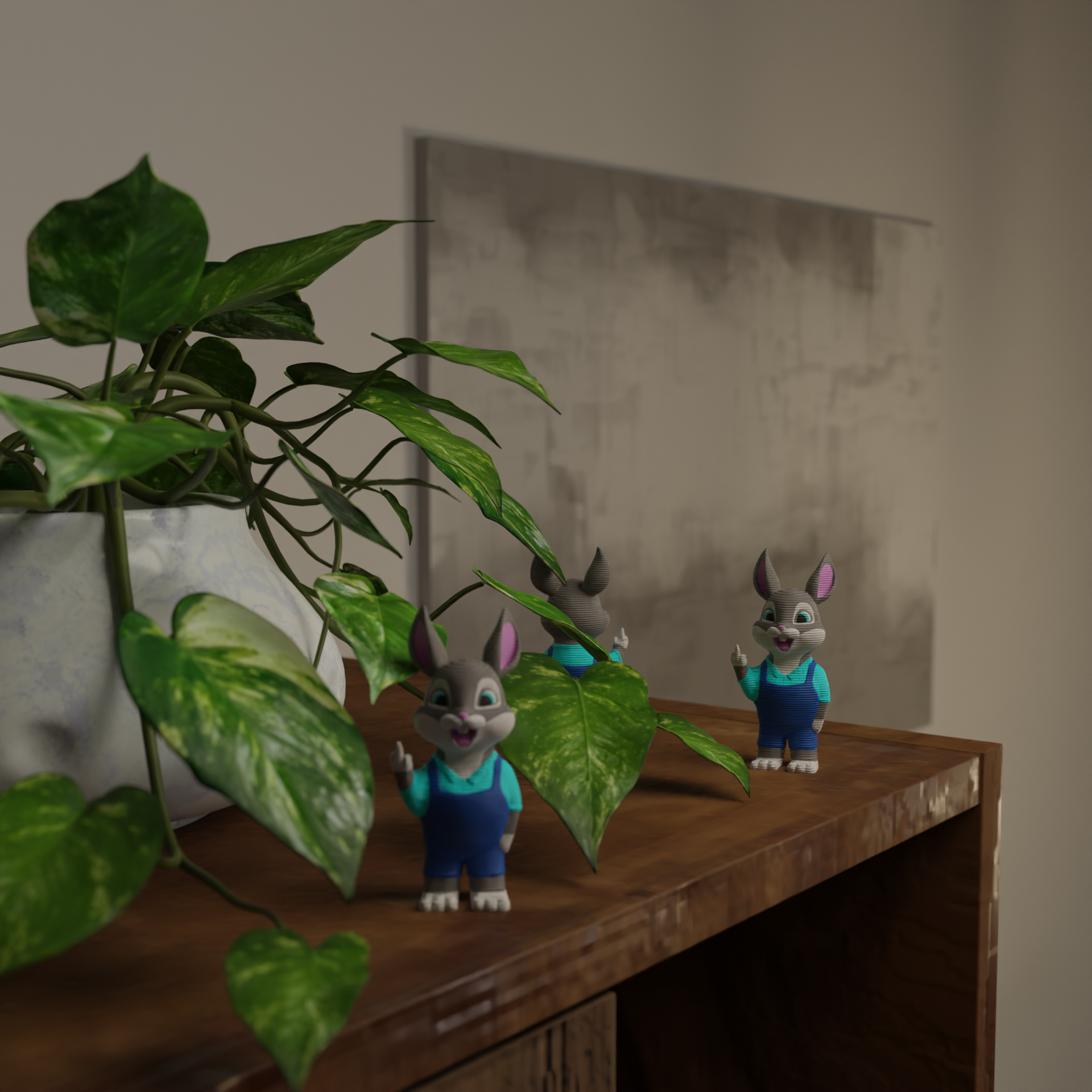 Small rabbit figurine next to a plant, funny miniature animal decoration and unique rabbit gift for home decor with greenery