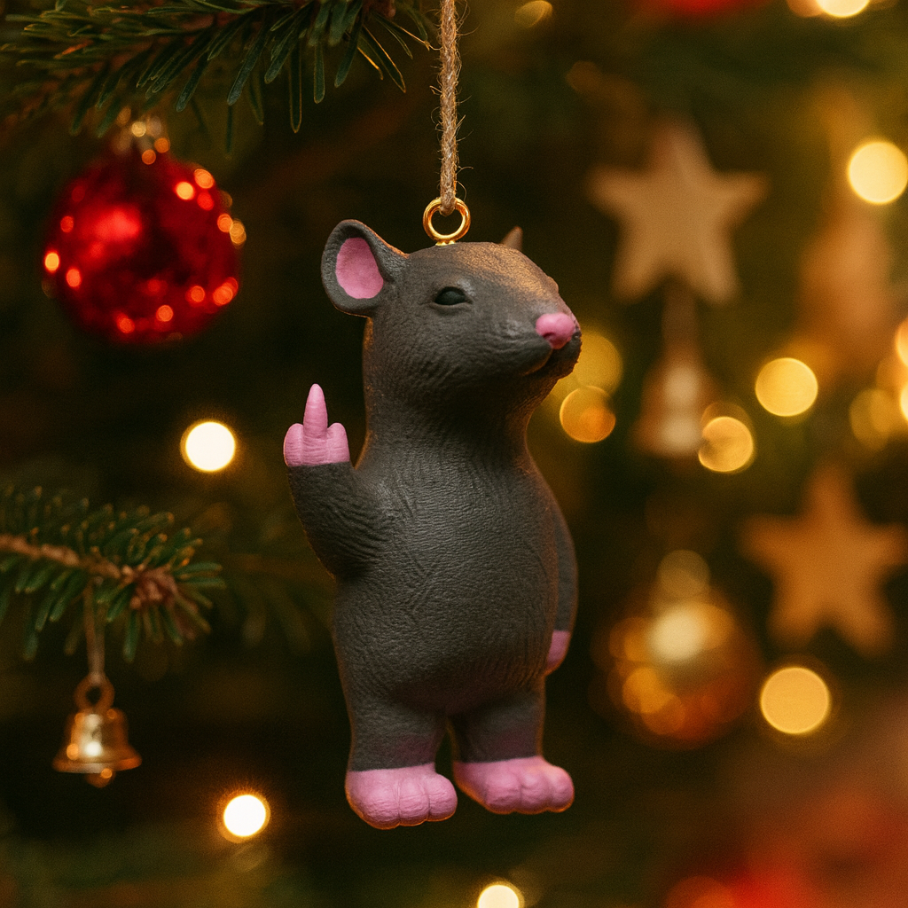 Funny rat ornament hanging in a Christmas tree, cute miniature animal decoration and unique rat gift for festive holiday decor