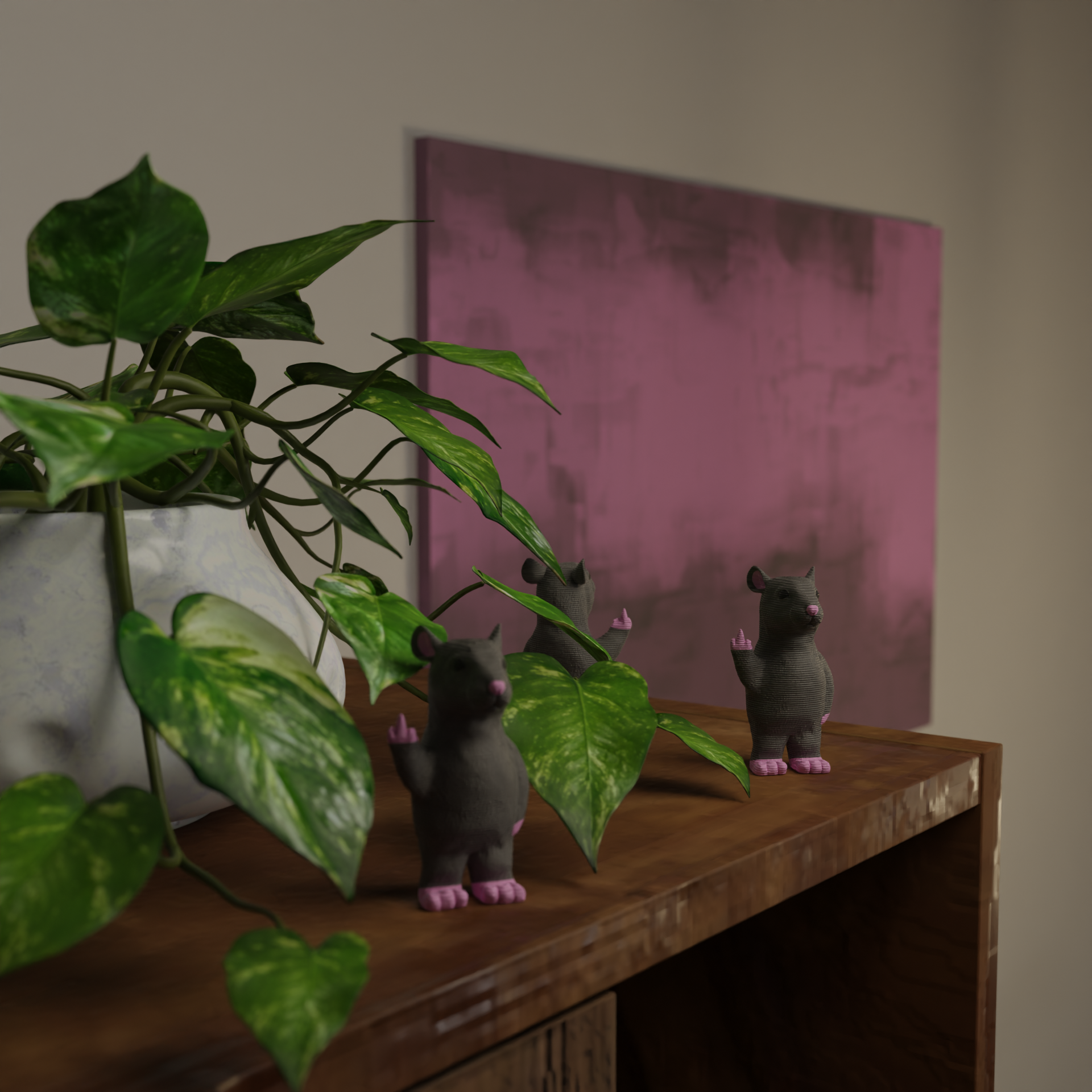 Small rat figurine next to a plant, funny miniature animal decoration and unique rat gift for home decor with greenery