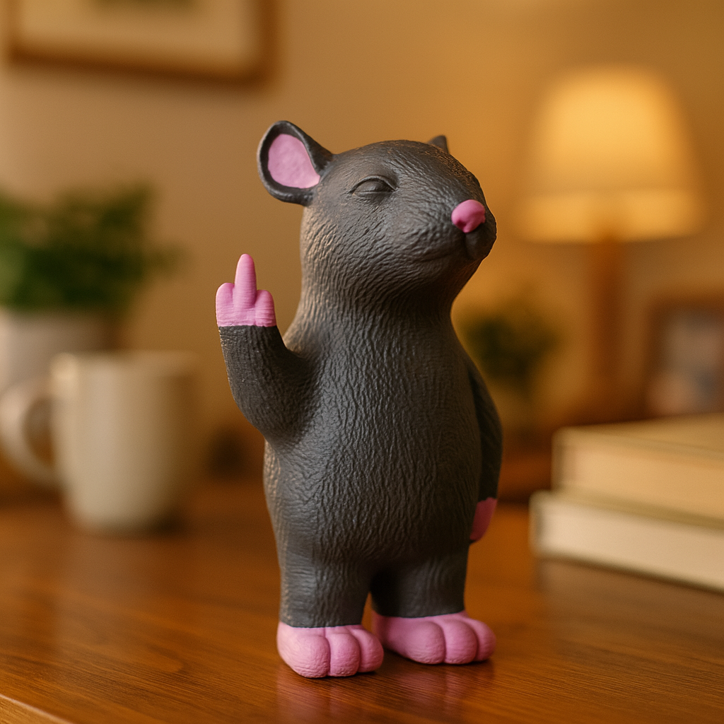 Small rat figurine on a desk, funny miniature animal decoration and unique rat gift for office or home workspace