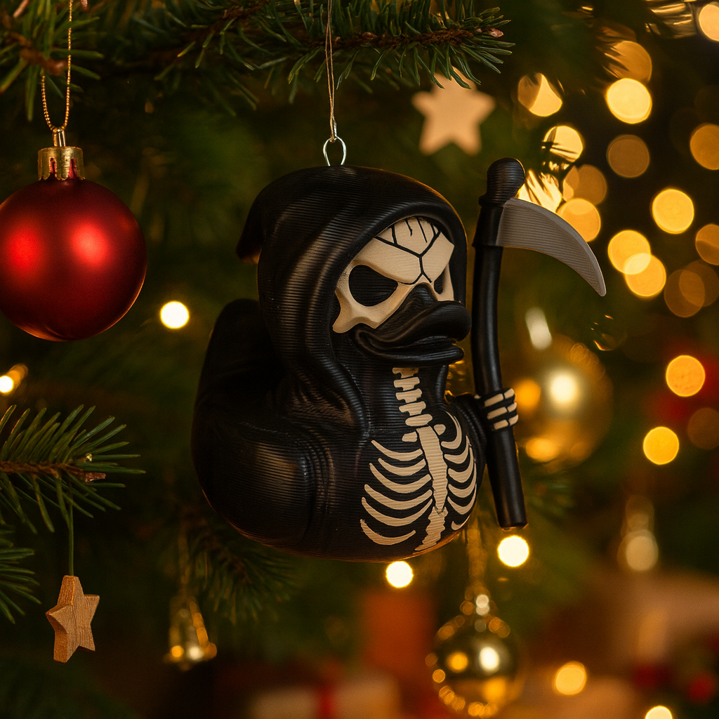 Funny Reaper Duck ornament hanging in a Christmas tree, spooky miniature decoration and unique duck gift for festive holiday decor