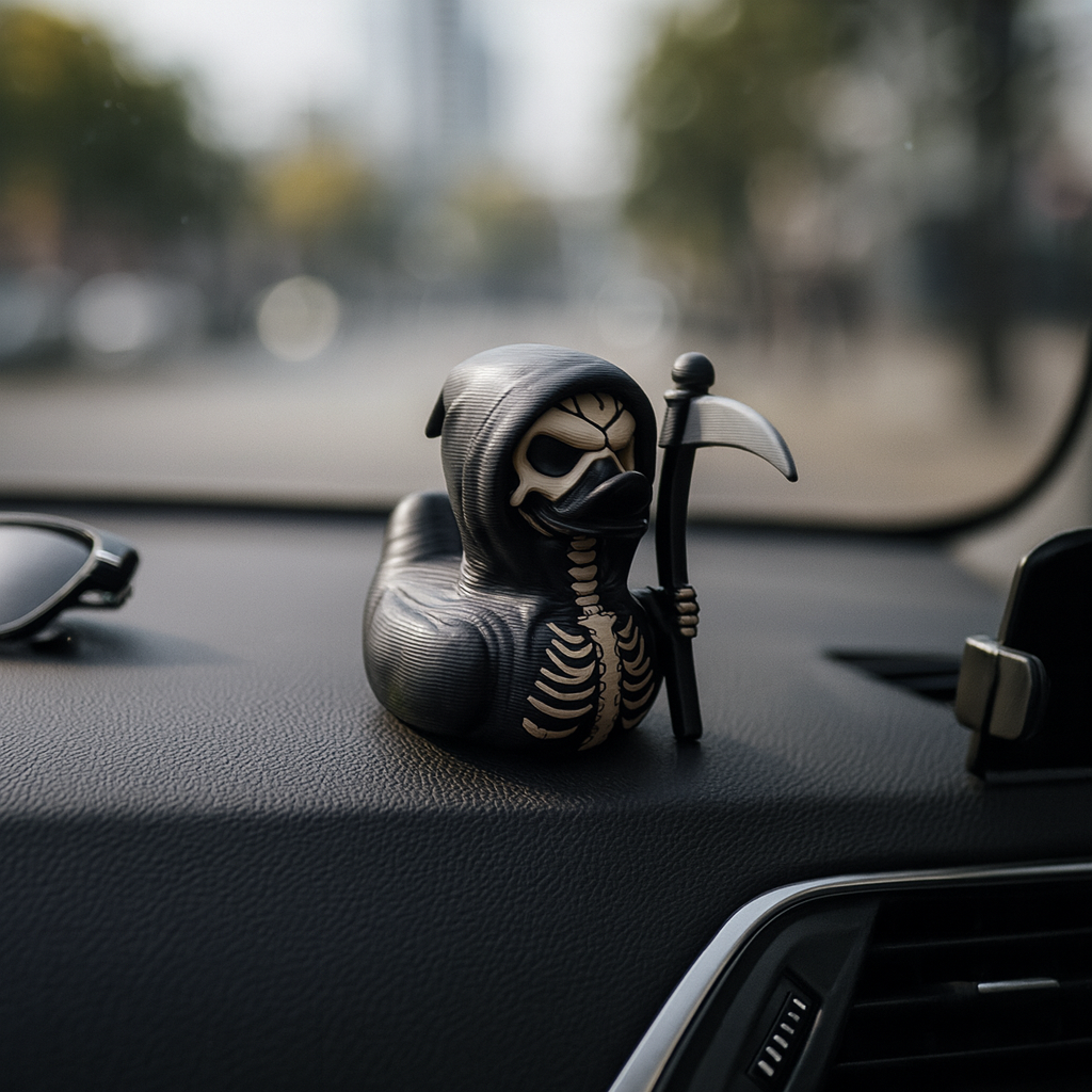 Funny Reaper Duck figurine for car dashboard, spooky miniature decoration and unique duck gift for car or vehicle interior