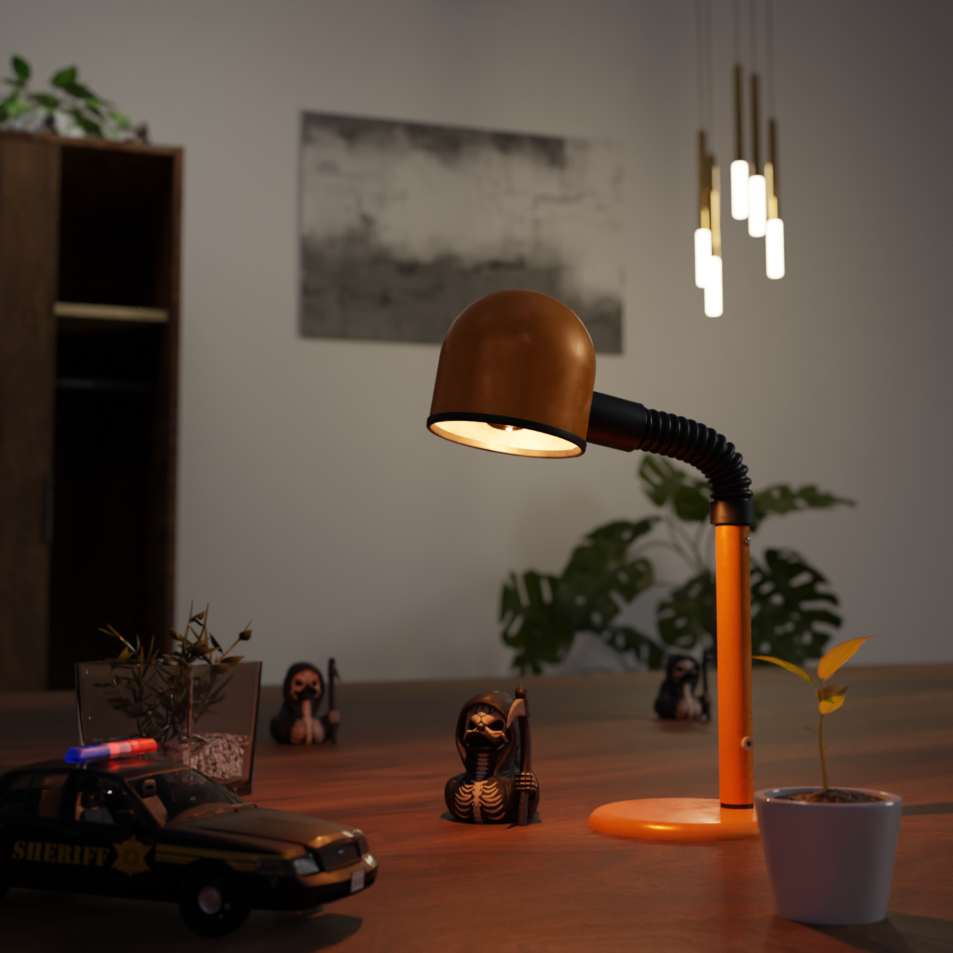 Small Reaper Duck figurine displayed on a closet, spooky miniature decoration and quirky duck gift for stylish home interior