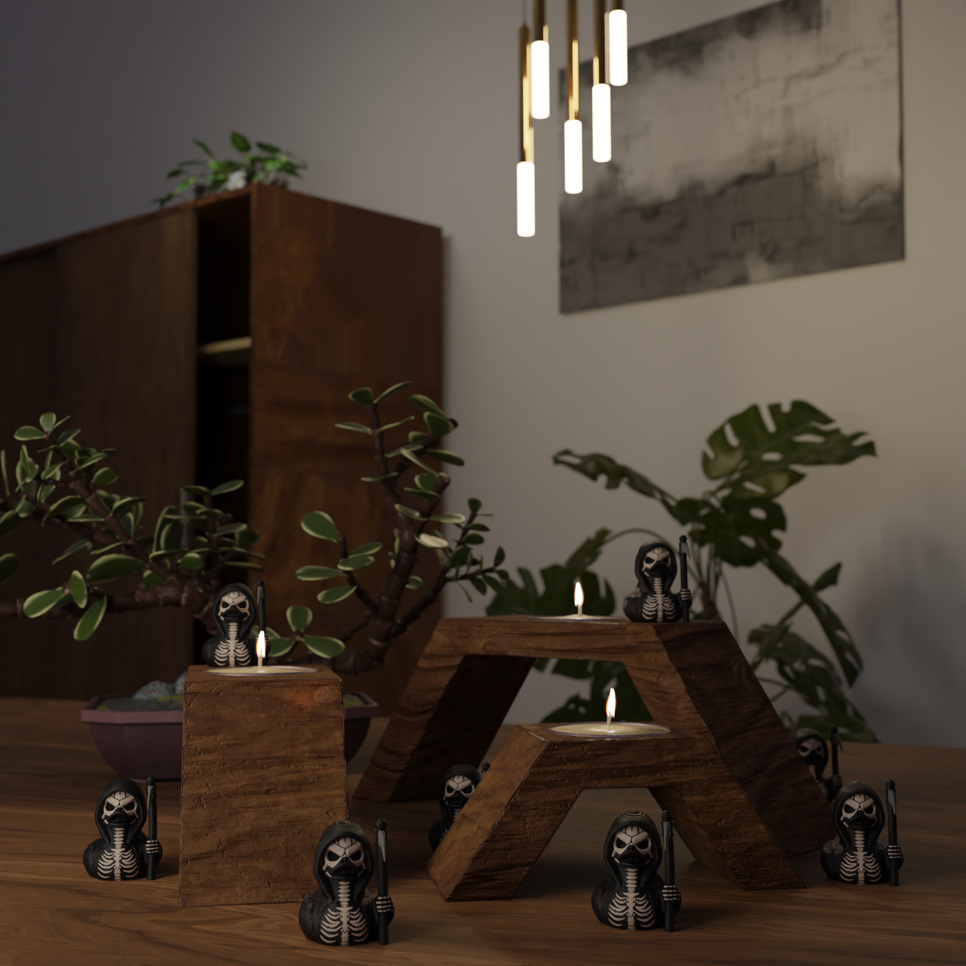 Small Reaper Duck figurine on a coffee table, spooky miniature decoration and funny duck gift for living room or lounge decor