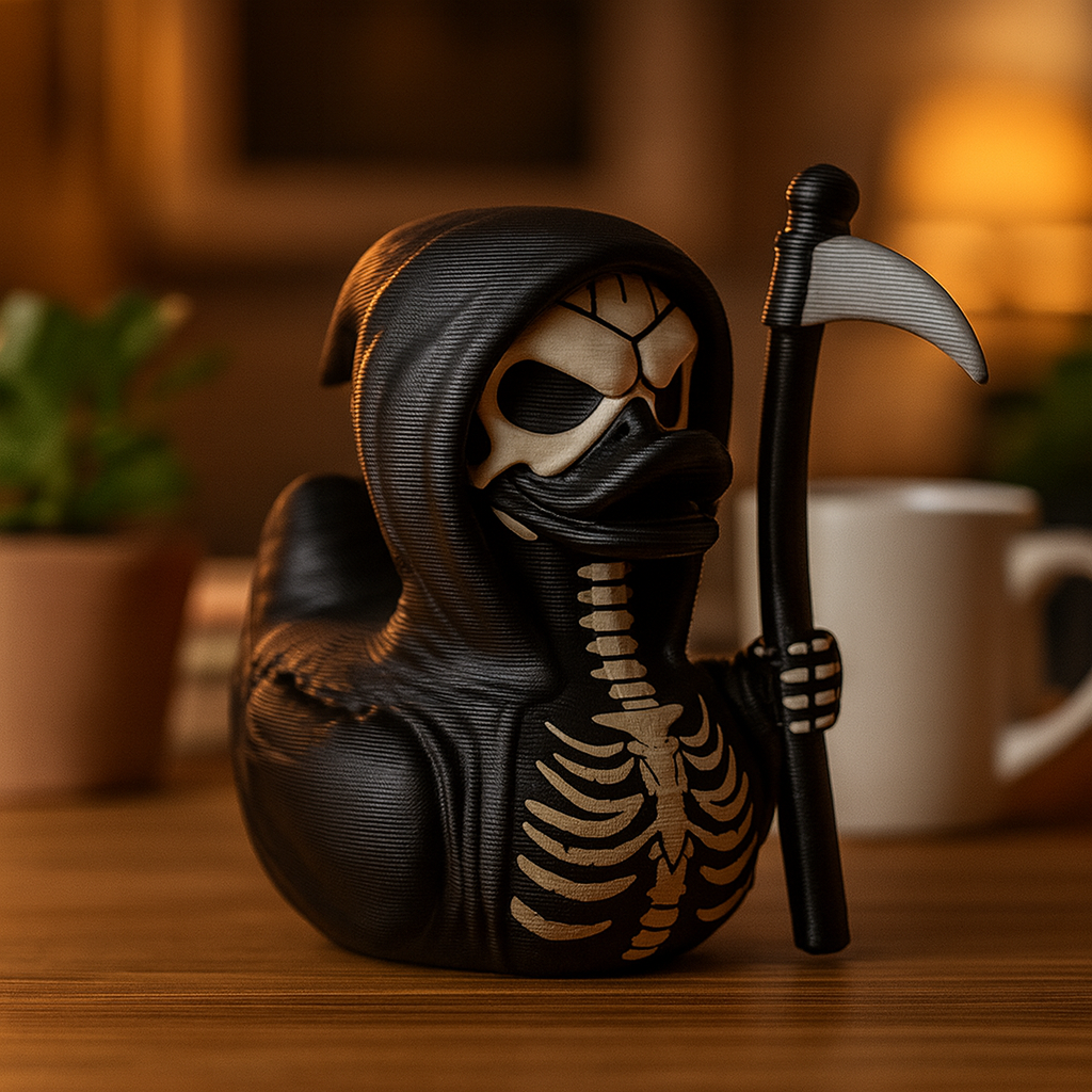 Small Reaper Duck figurine on a desk, funny spooky miniature decoration and unique duck gift for office or home workspace