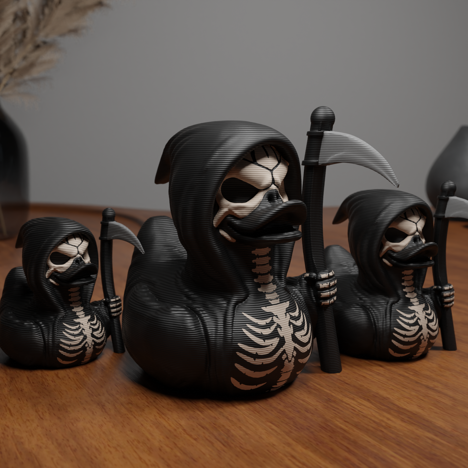 Small Reaper Duck figurine displayed on a shelf, spooky miniature decoration and funny duck gift for home interior display