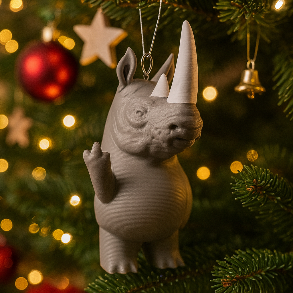 Funny rhino ornament hanging in a Christmas tree, cute miniature wild animal decoration and unique rhino gift for festive holiday decor