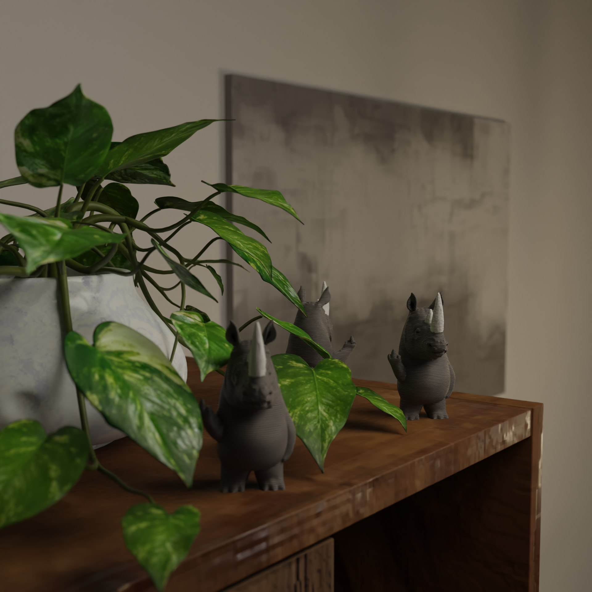 Rhino Figurine Next to Plant

Small rhino figurine next to a plant, funny miniature wild animal decoration and unique rhino gift for home decor with greenery