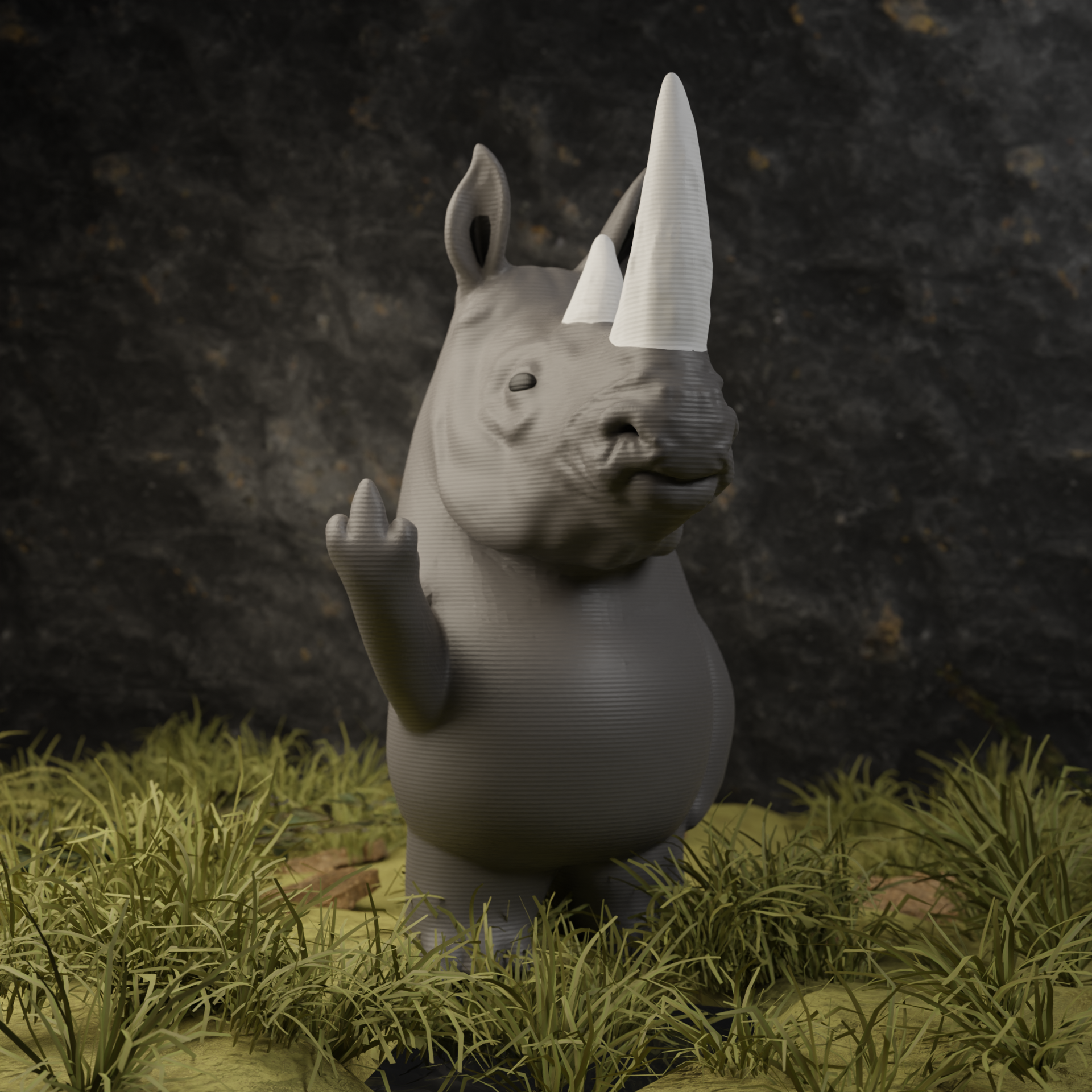 Small rhino figurine in a garden, miniature wild animal decoration and funny rhino gift for outdoor or balcony decor