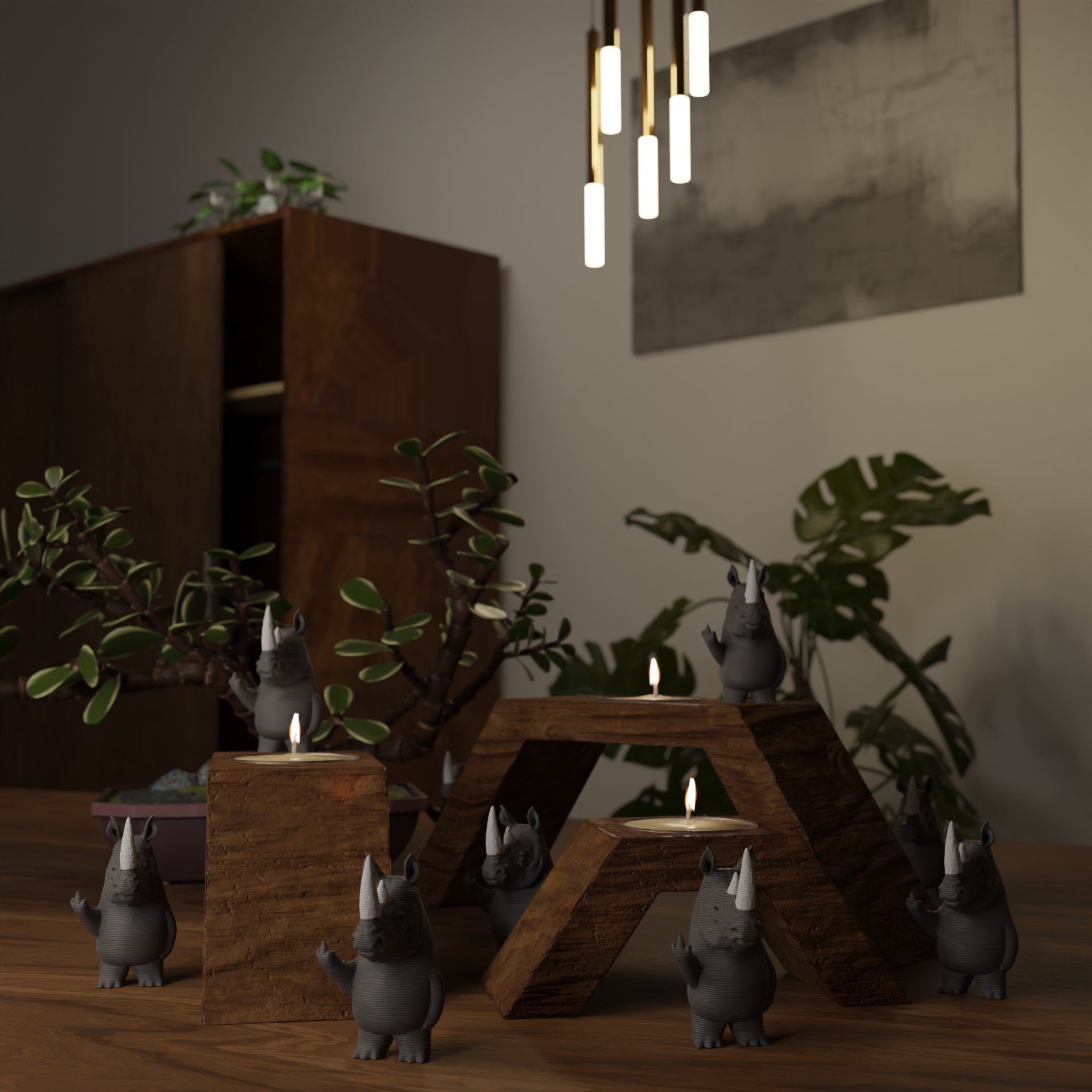 Small rhino figurine on a coffee table, cute miniature wild animal decoration and funny rhino gift for living room or lounge decor