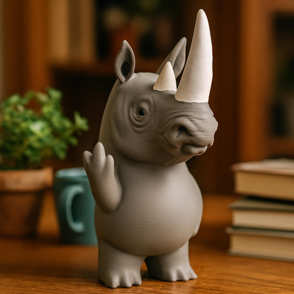 Small rhino figurine on a desk, funny miniature wild animal decoration and unique rhino gift for office or home workspace