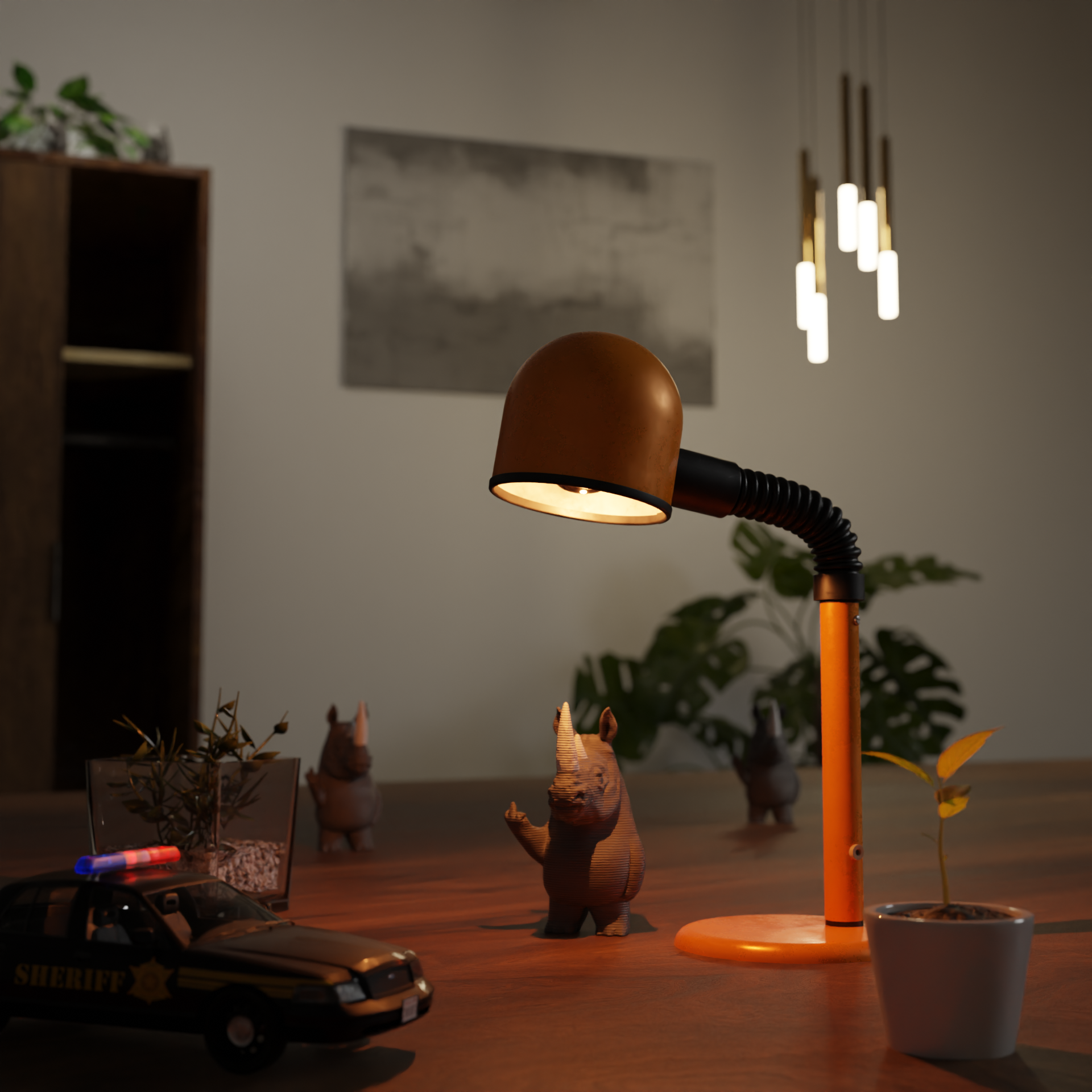 Small rhino figurine displayed on a shelf, cute miniature wild animal decoration and funny rhino gift for home interior display