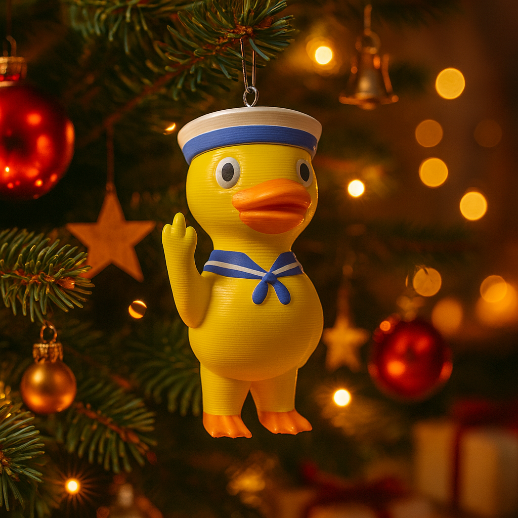 Funny sailor duck ornament hanging in a Christmas tree, cute nautical miniature animal decoration and unique sailor duck gift for festive holiday decor